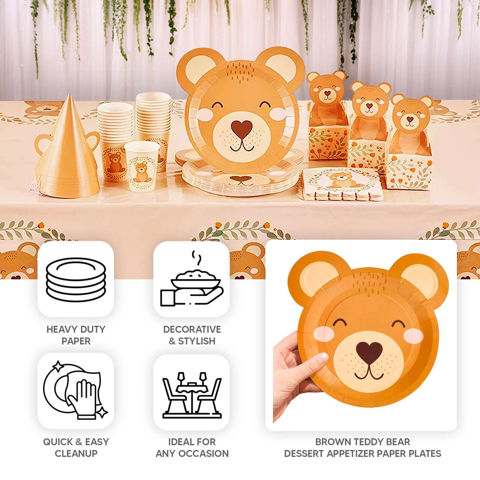 25-Pack Paper Round Plates 7" Brown Teddy Bear Print - Image 4