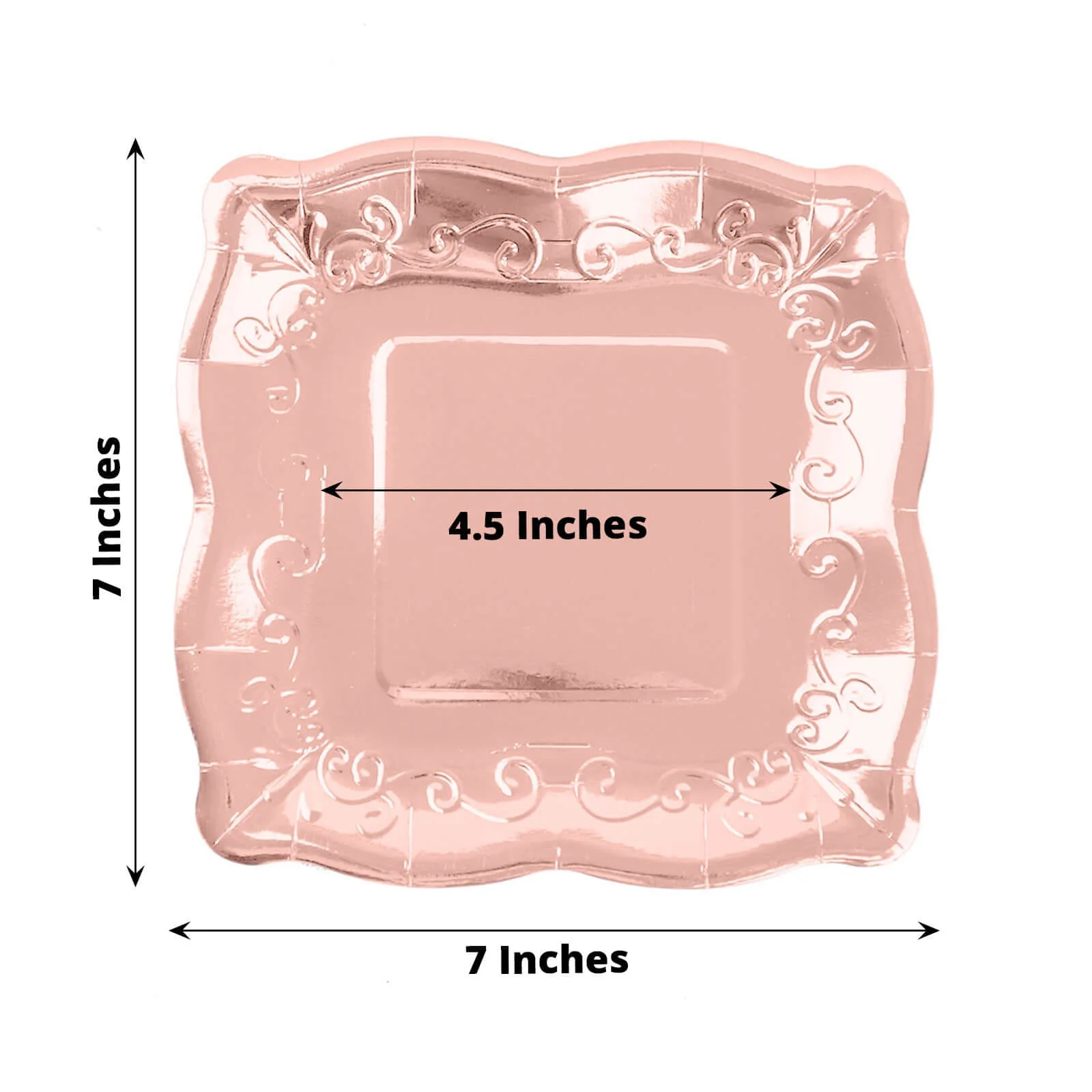 25-Pack Paper Square Dessert Plates 7" Rose Gold with Vintage Pottery Embossed Design - Shiny Metallic Disposable Appetizer Plates - Image 3