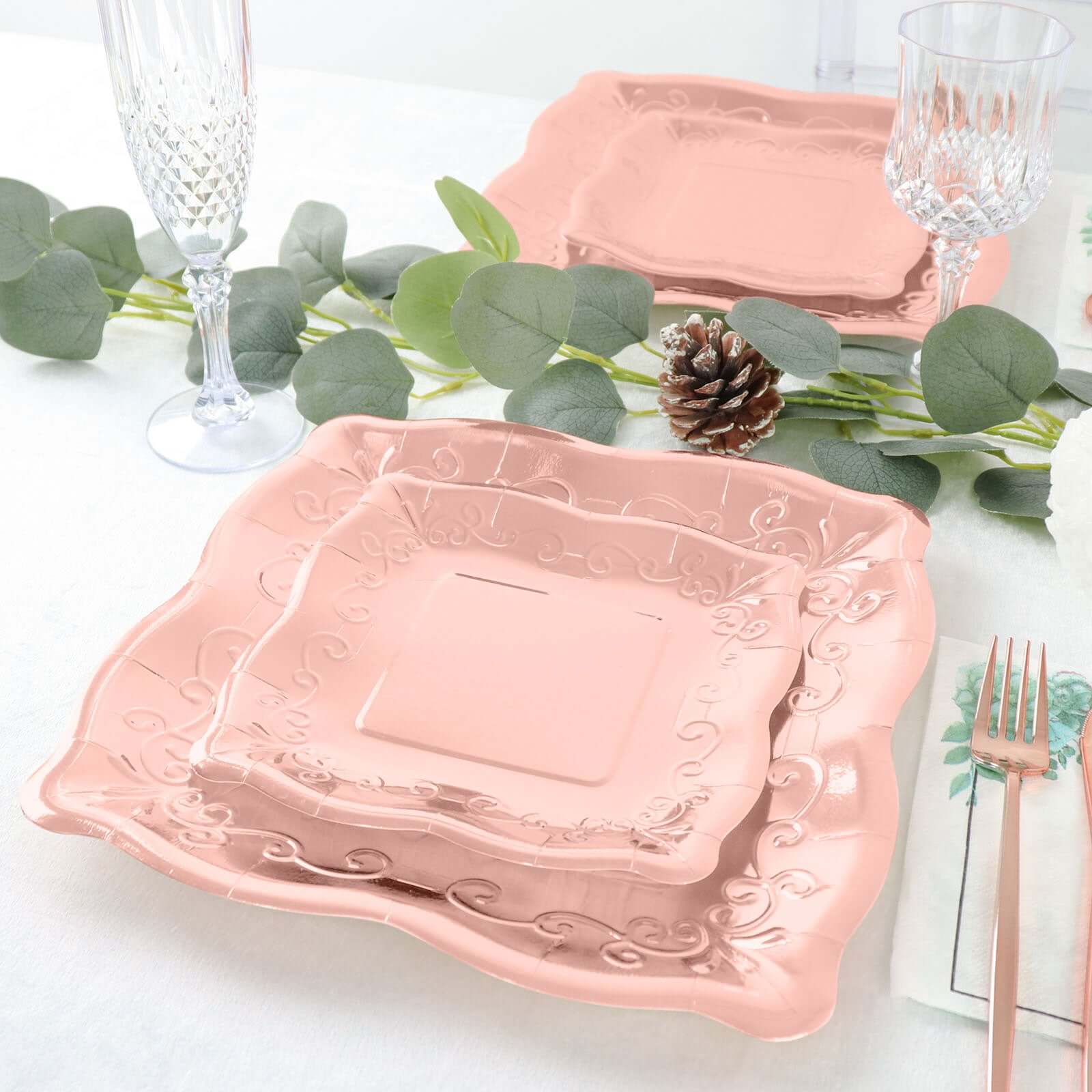 25-Pack Paper Square Dessert Plates 7" Rose Gold with Vintage Pottery Embossed Design - Shiny Metallic Disposable Appetizer Plates - Image 4
