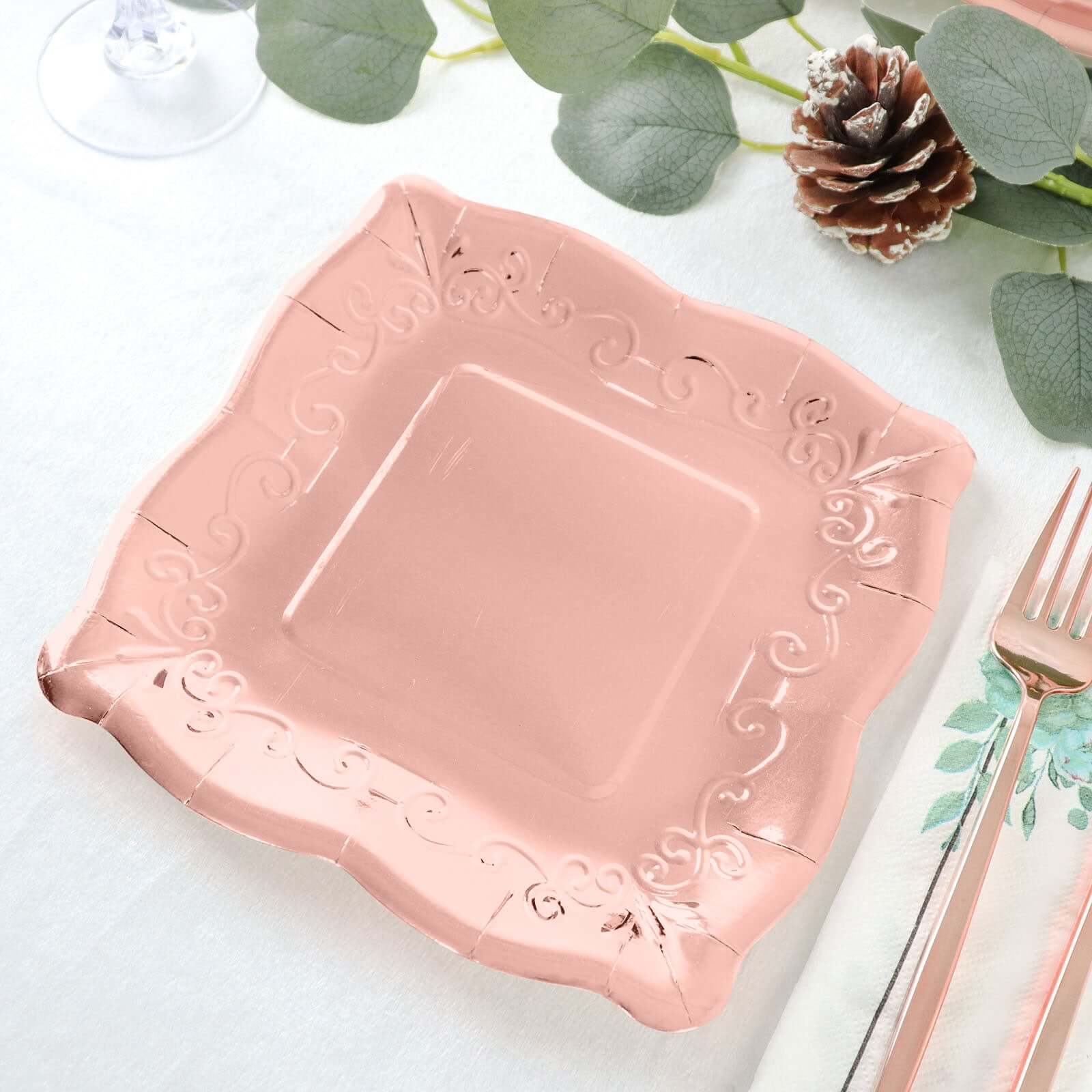 25-Pack Paper Square Dessert Plates 7" Rose Gold with Vintage Pottery Embossed Design - Shiny Metallic Disposable Appetizer Plates - Image 5