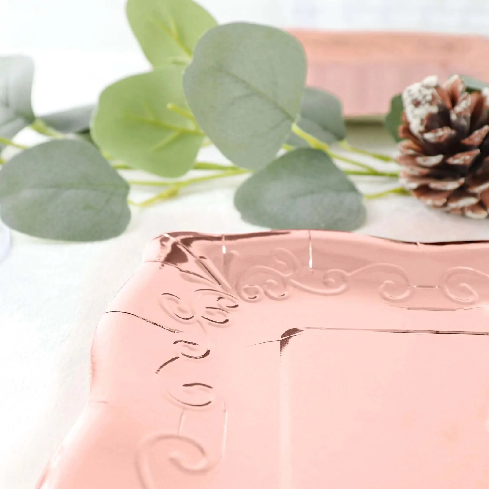 25-Pack Paper Square Dessert Plates 7" Rose Gold with Vintage Pottery Embossed Design - Shiny Metallic Disposable Appetizer Plates - Image 7