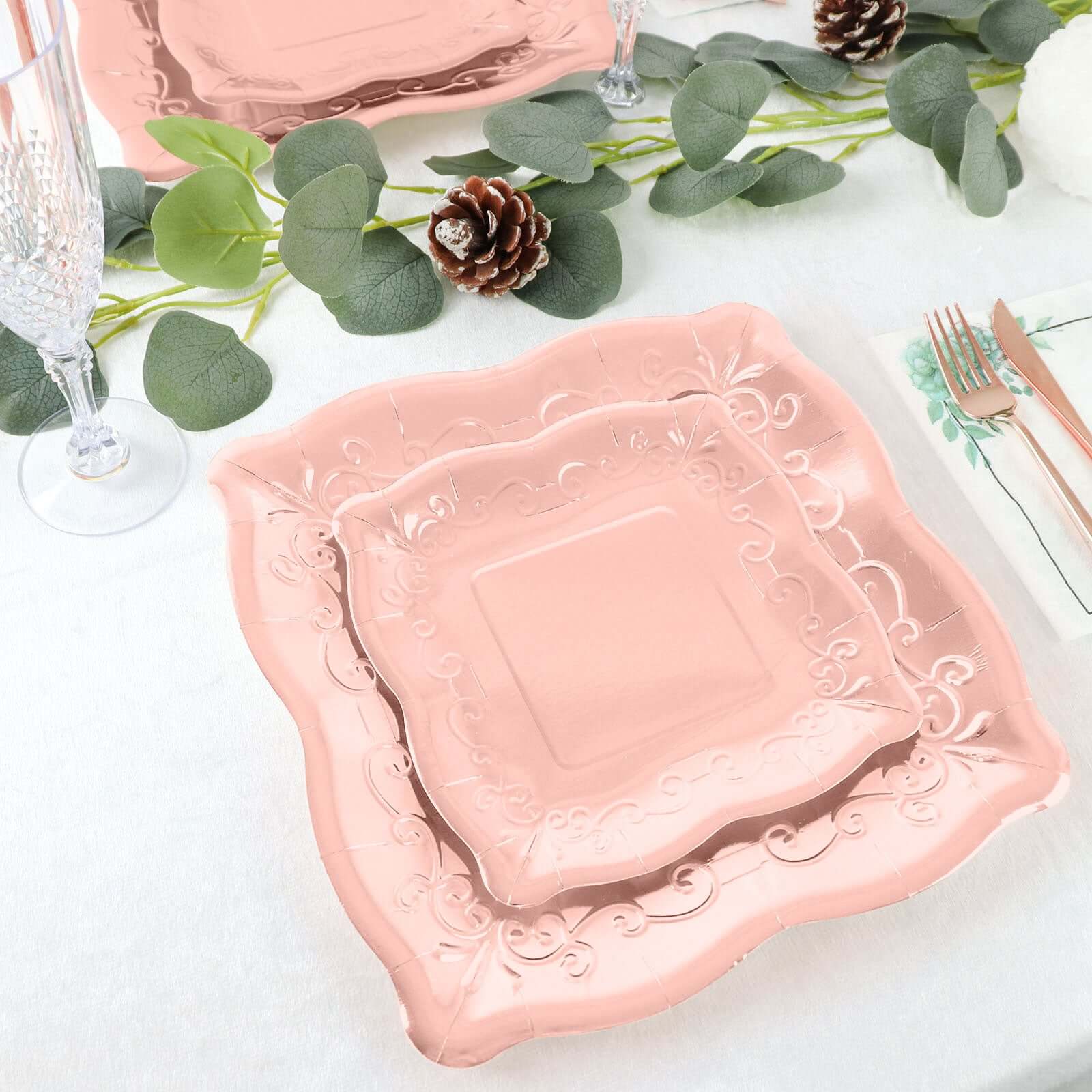 25-Pack Paper Square Dessert Plates 7" Rose Gold with Vintage Pottery Embossed Design - Shiny Metallic Disposable Appetizer Plates - Image 8