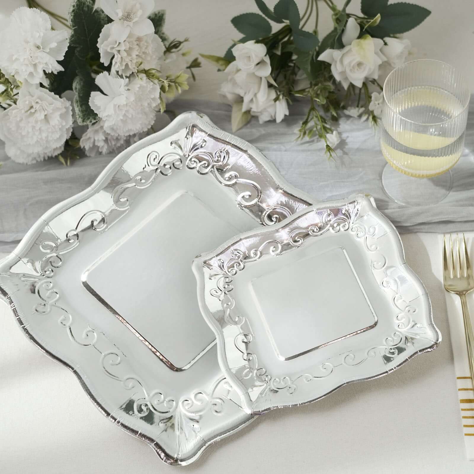 25-Pack Paper Square Dessert Plates 7" Silver with Vintage Pottery Embossed Design - Shiny Metallic Disposable Appetizer Plates