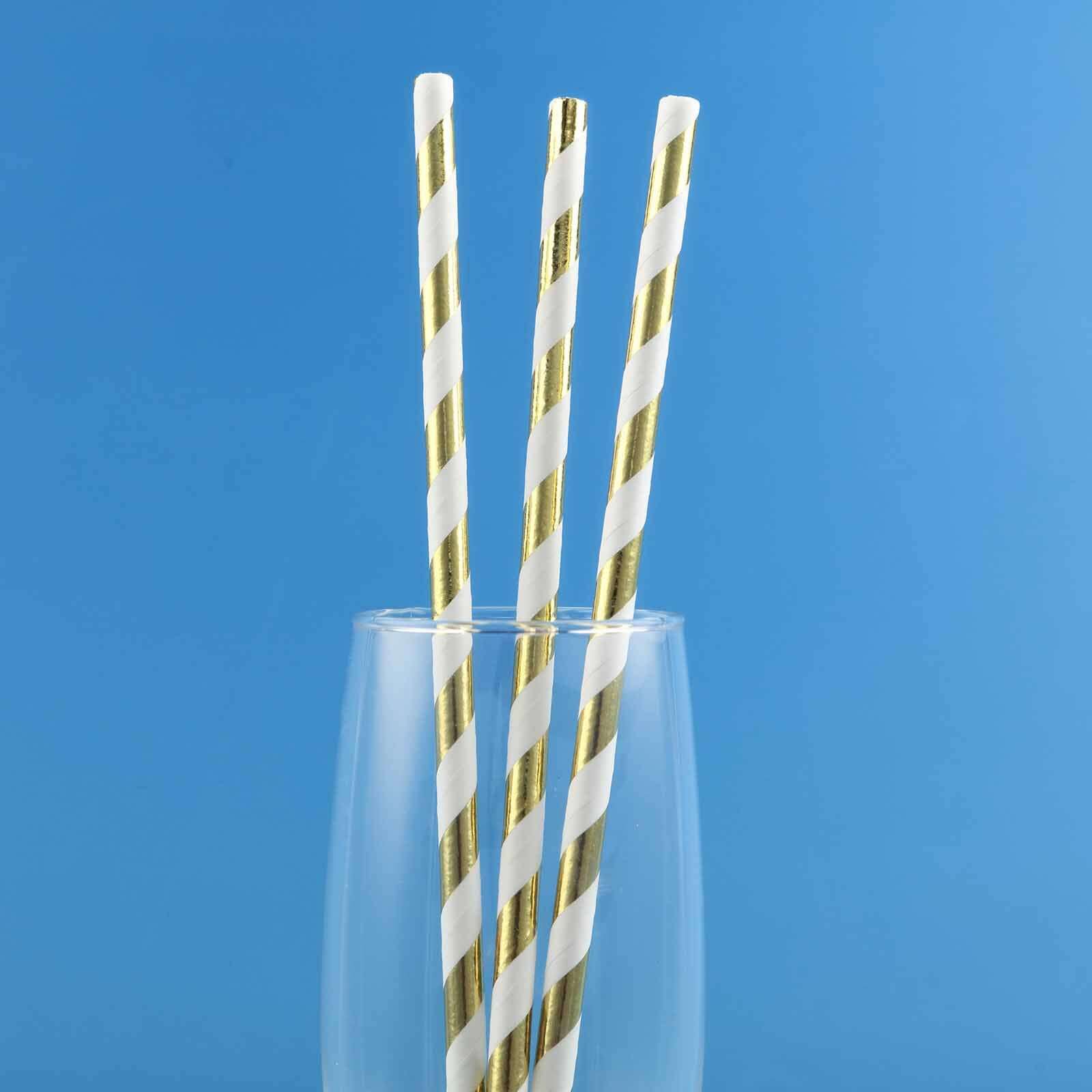 25-Pack Paper Straws 8" White/Gold Striped - Disposable Straws for Parties - Image 9