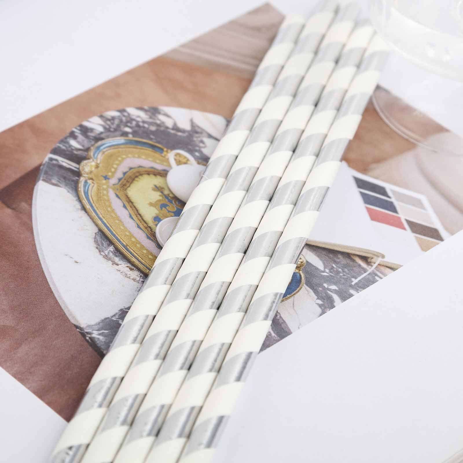 25-Pack Paper Straws 8" White/Silver Striped - Disposable Straws for Parties - Image 10