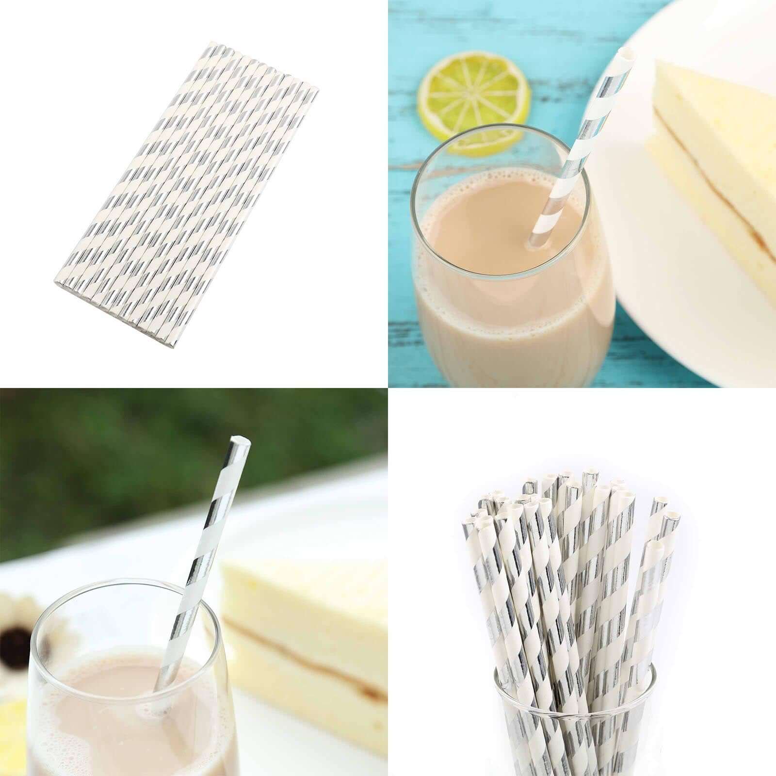 25-Pack Paper Straws 8" White/Silver Striped - Disposable Straws for Parties - Image 2