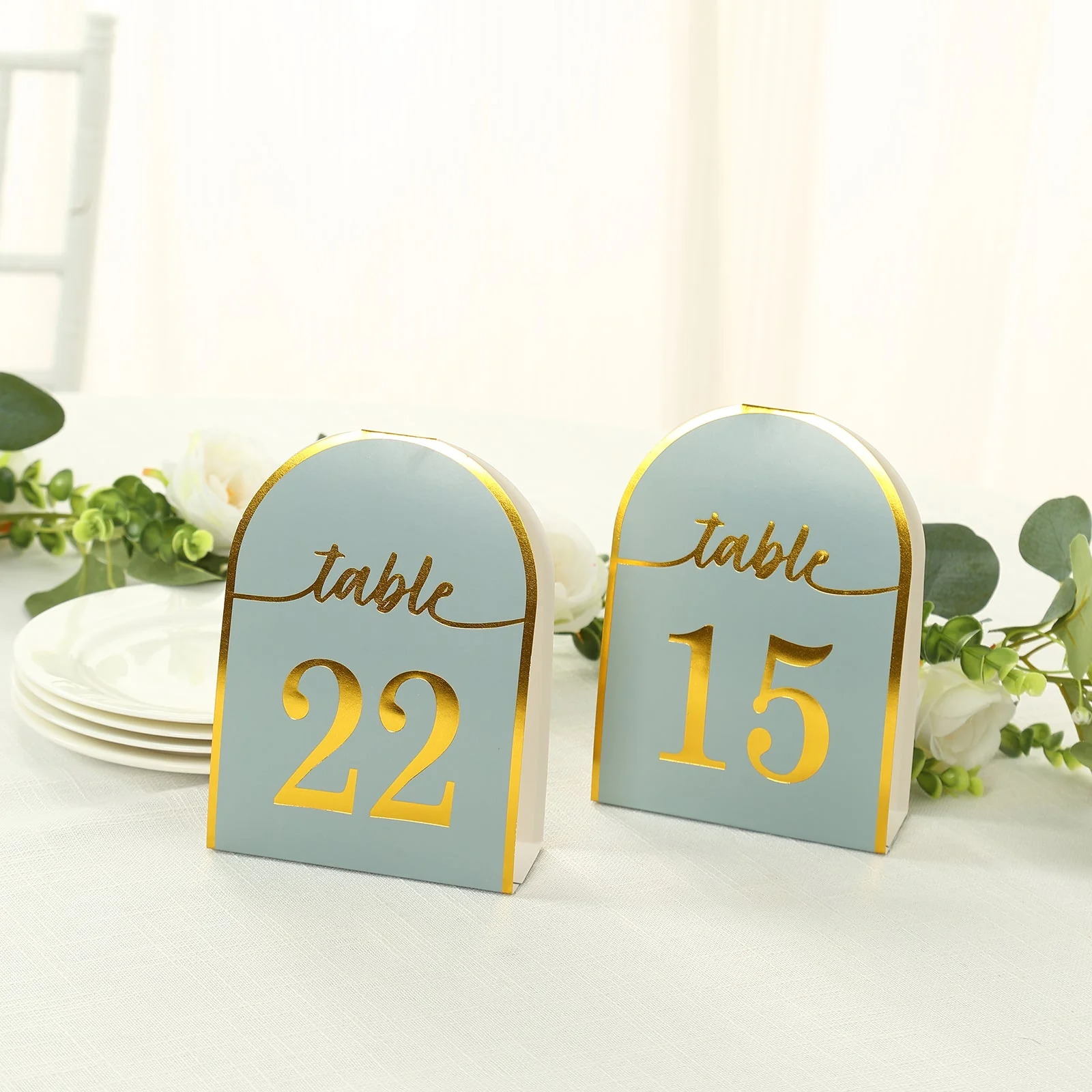 25-Pack Disposable Table Numbers 7" Dusty Blue Free Standing Double Sided Table Number Place Cards with Metallic Gold Foil Numbers 1-25 - Image 10