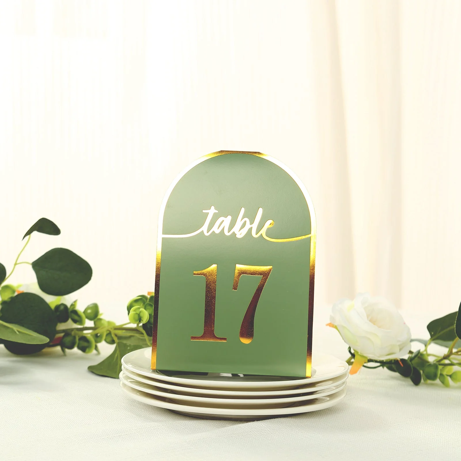 25-Pack Disposable Table Numbers 7" Sage Green Free Standing Double Sided Table Number Place Cards with Metallic Gold Foil Numbers 1-25 - Image 2