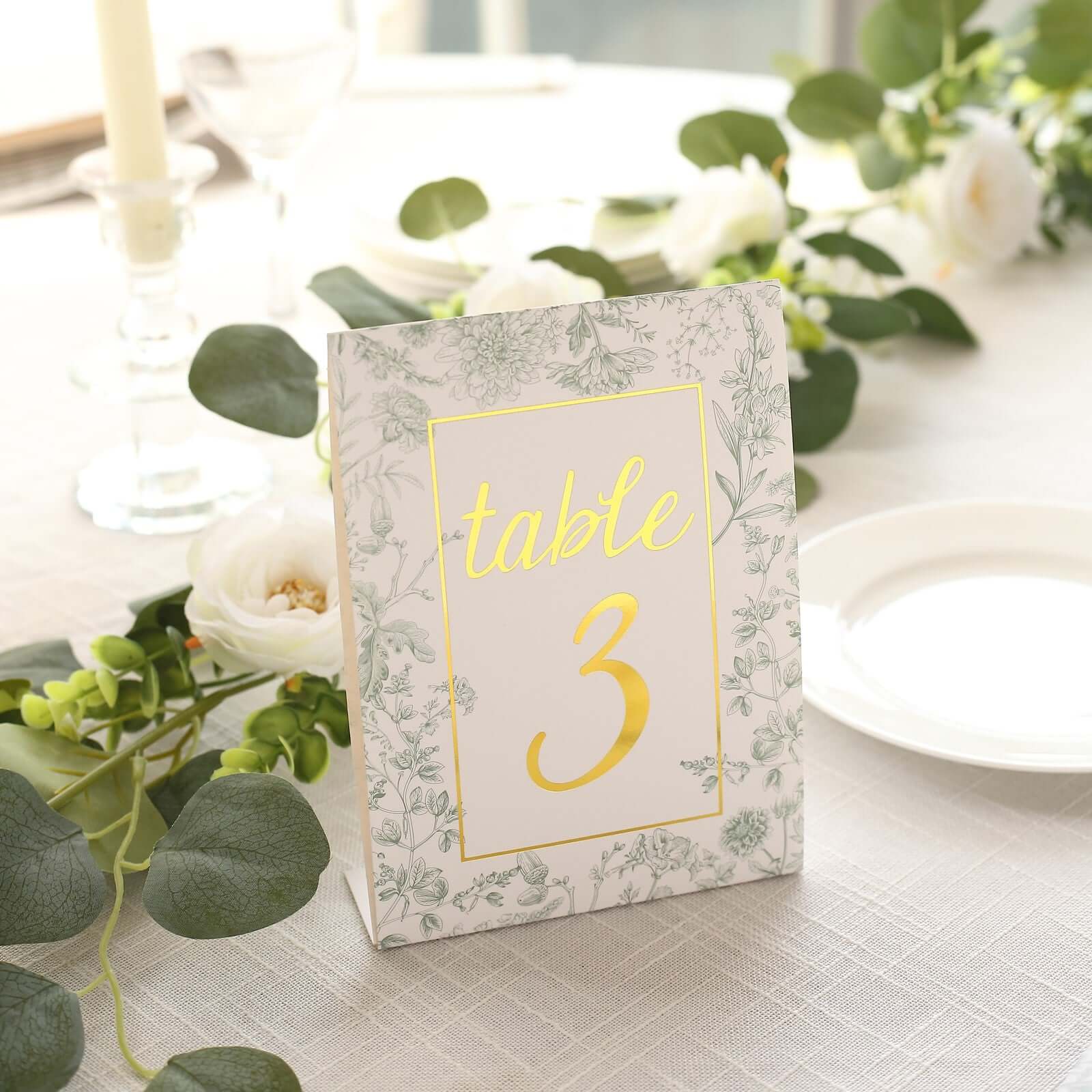 25-Pack Paper Wedding Table Numbers 7" White/Sage Green French Toile - Image 10