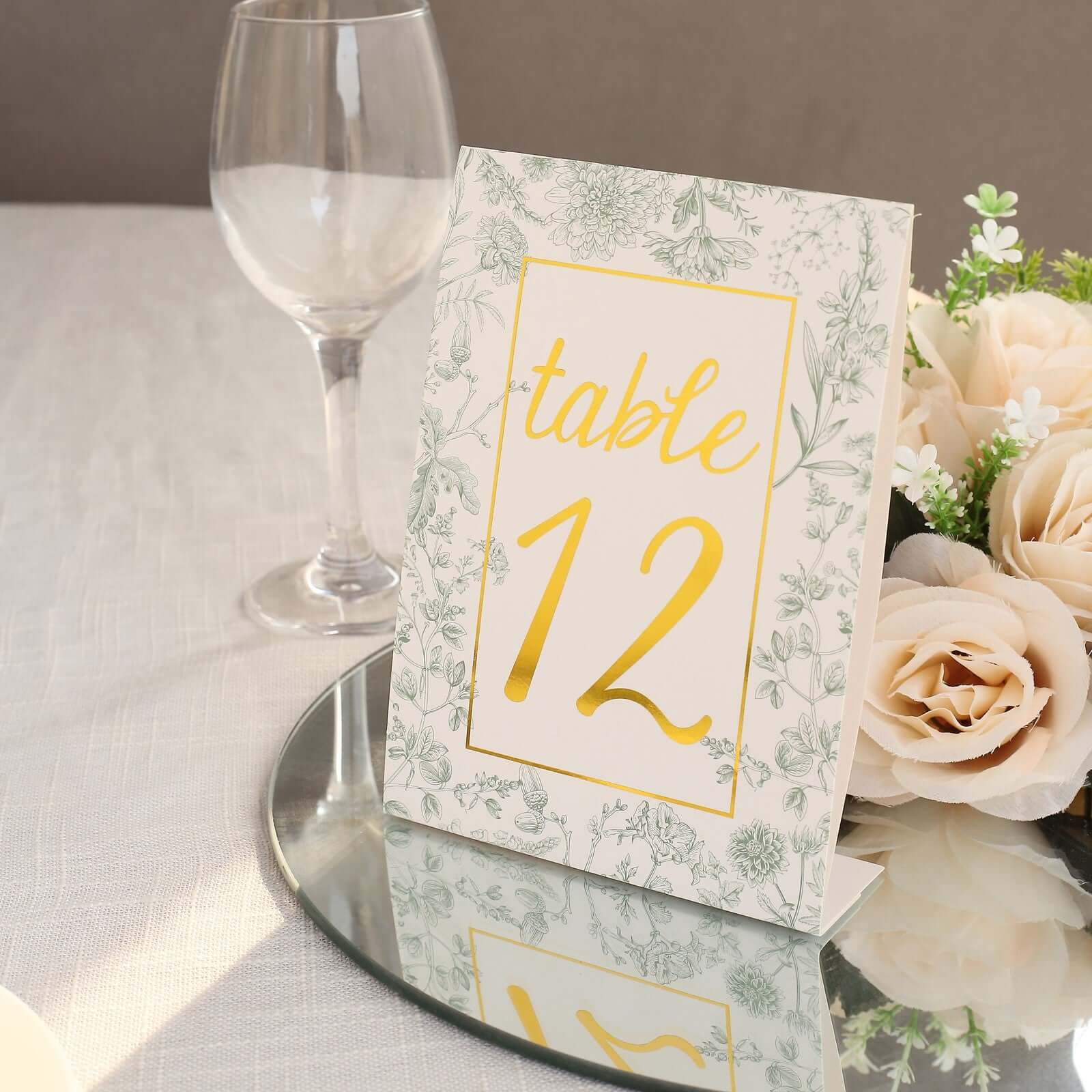 25-Pack Paper Wedding Table Numbers 7" White/Sage Green French Toile - Image 11