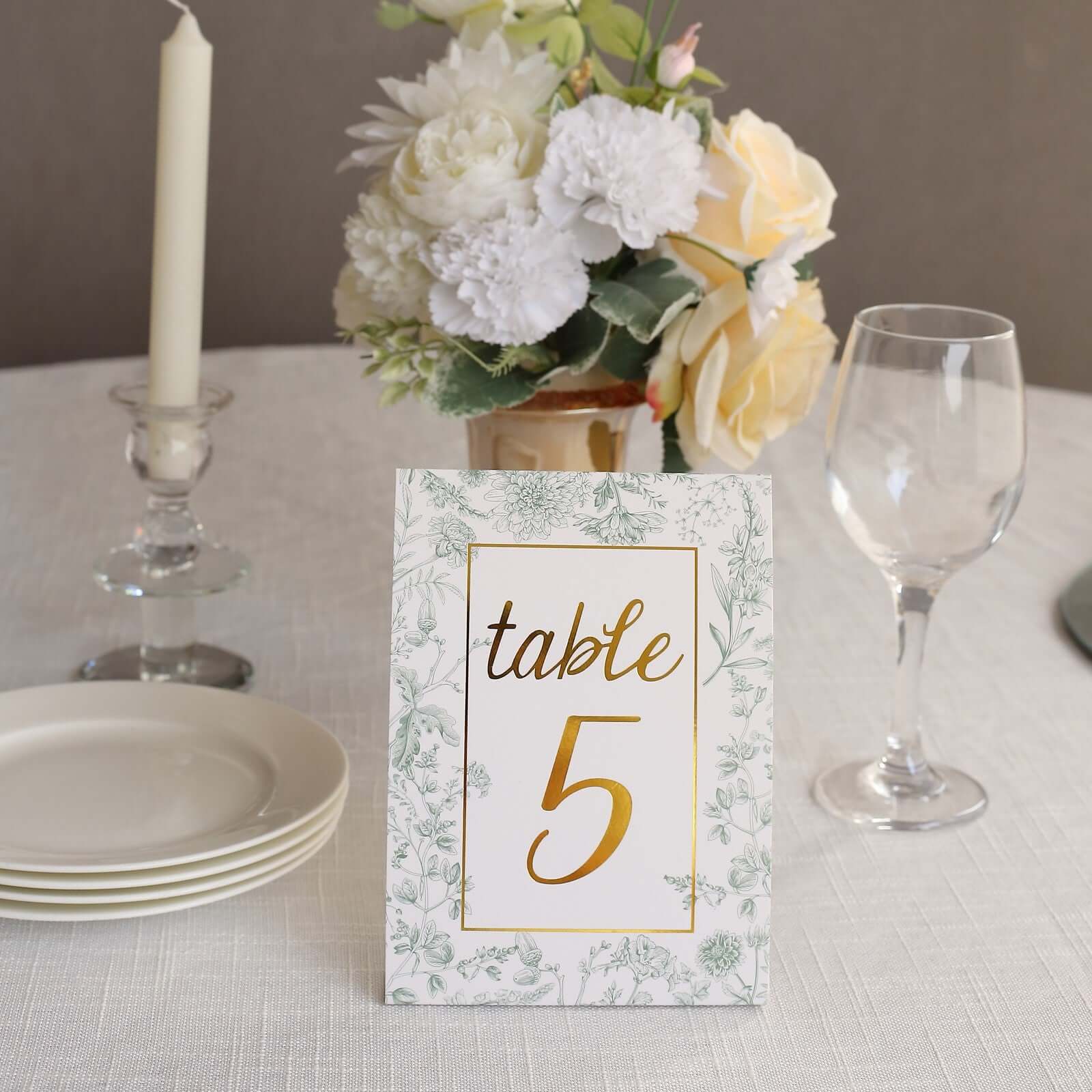 25-Pack Paper Wedding Table Numbers 7" White/Sage Green French Toile - Image 2