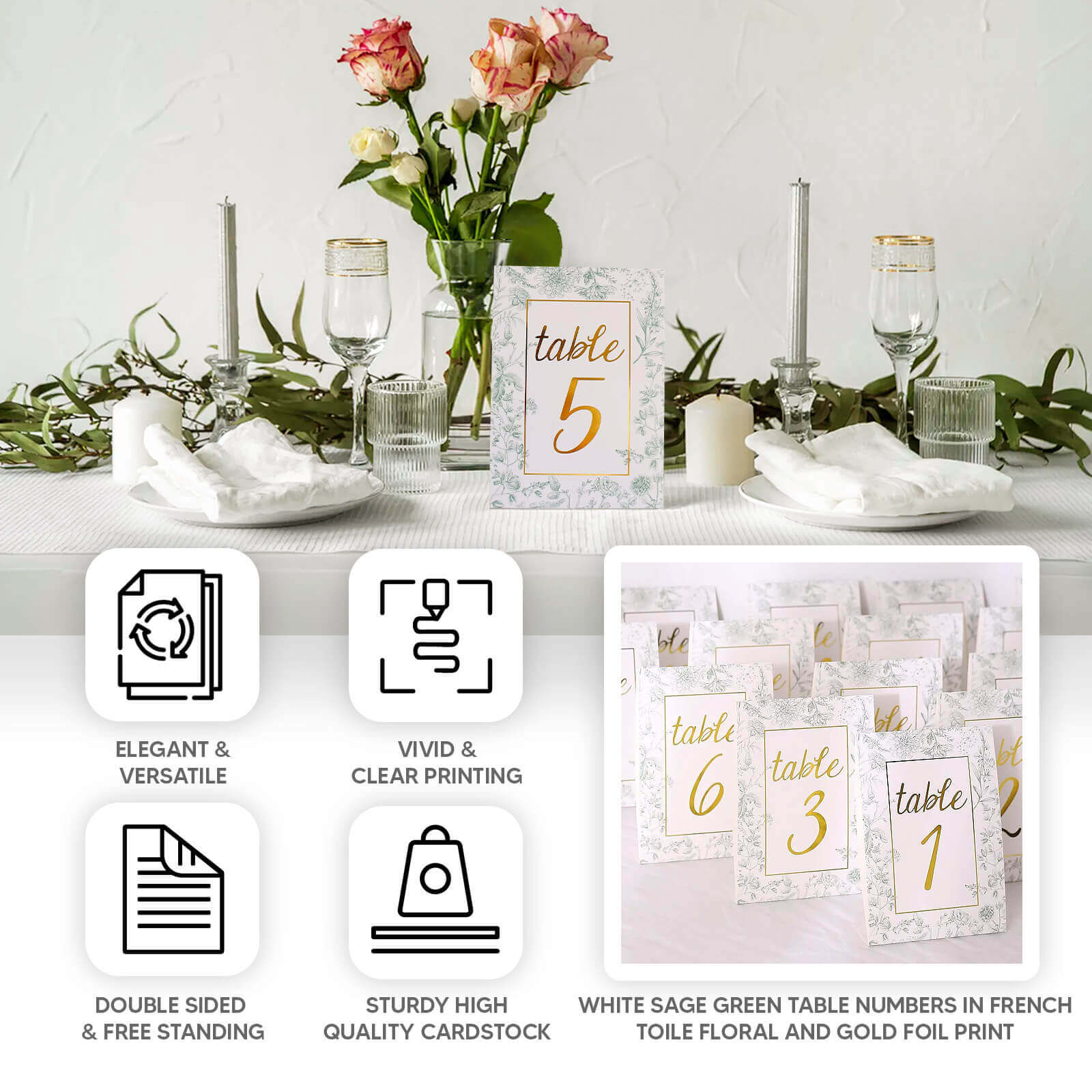 25-Pack Paper Wedding Table Numbers 7" White/Sage Green French Toile - Image 4