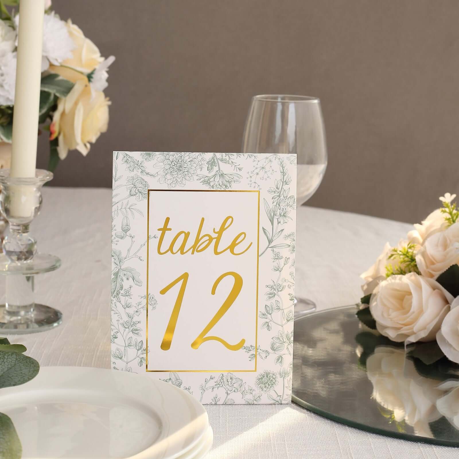 25-Pack Paper Wedding Table Numbers 7" White/Sage Green French Toile - Image 7