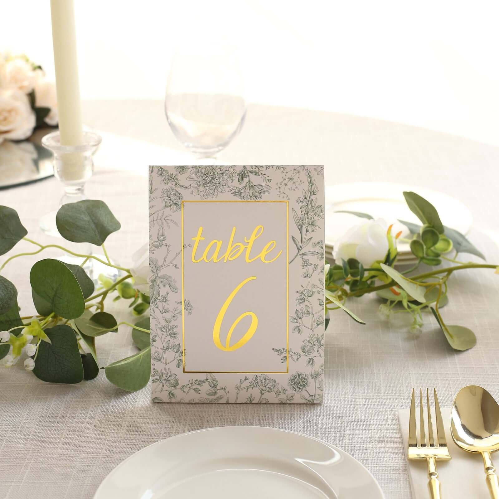 25-Pack Paper Wedding Table Numbers 7" White/Sage Green French Toile - Image 9