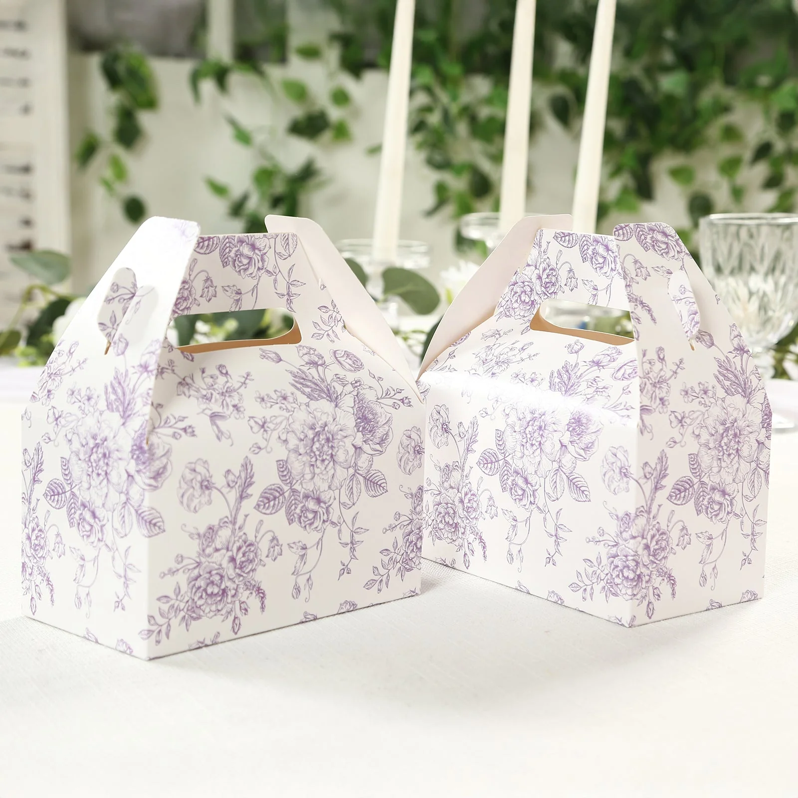 25 Pack Party Favor Gable Boxes in French Toile Pattern - Matte Lavender and White Candy Treat Tote Boxes, Cardstock Paper - 6"x3.5"x7" - Image 2