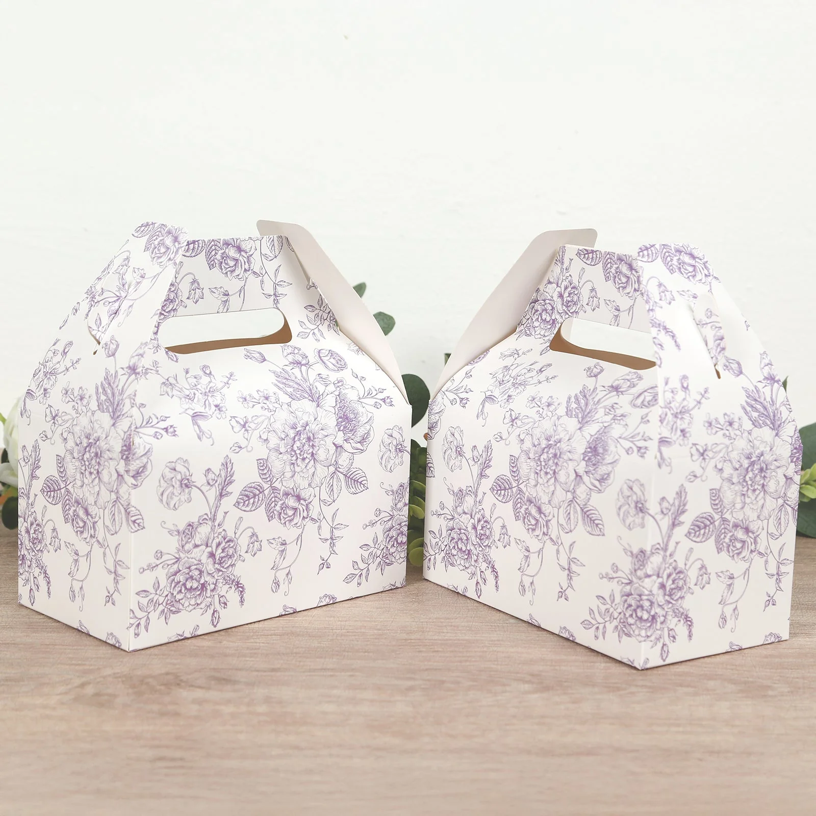 25 Pack Party Favor Gable Boxes in French Toile Pattern - Matte Lavender and White Candy Treat Tote Boxes, Cardstock Paper - 6"x3.5"x7" - Image 4