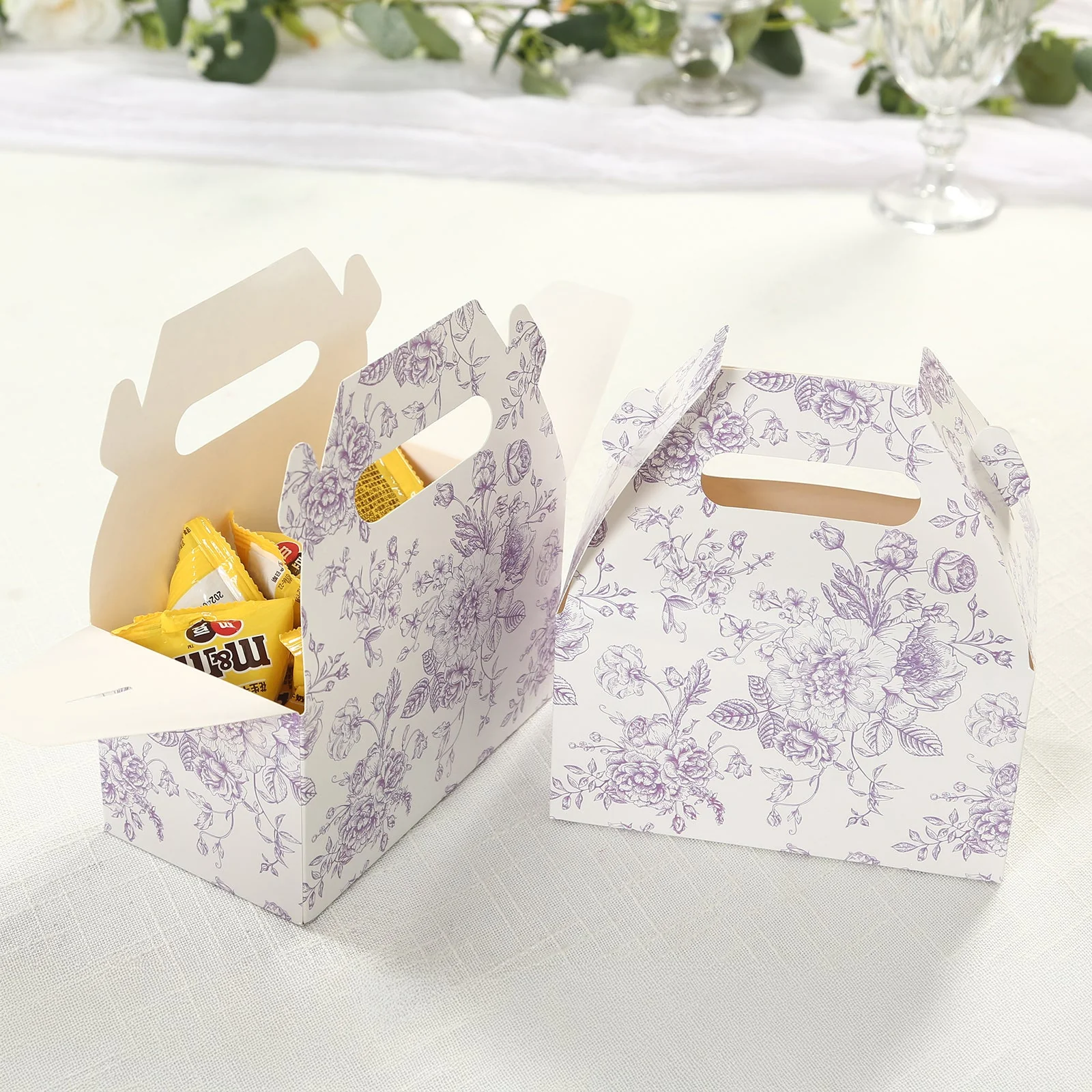 25 Pack Party Favor Gable Boxes in French Toile Pattern - Matte Lavender and White Candy Treat Tote Boxes, Cardstock Paper - 6"x3.5"x7" - Image 5