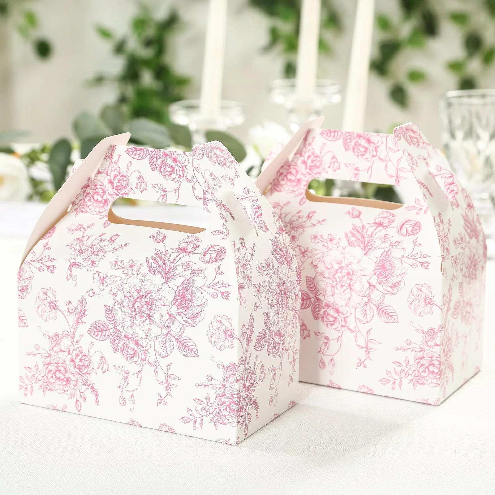 25 Pack Party Favor Gable Boxes in French Toile Pattern - Matte Pink and White Candy Treat Tote Boxes, Cardstock Paper - 6"x3.5"x7" - Image 2