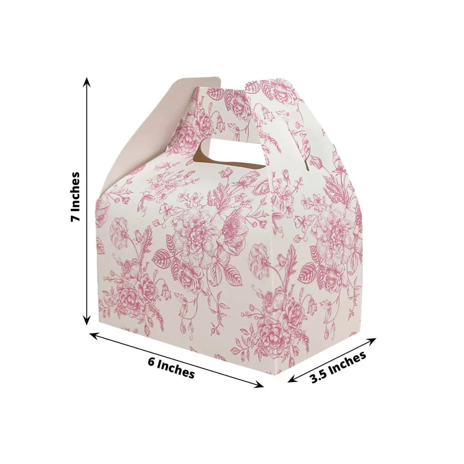 25 Pack Party Favor Gable Boxes in French Toile Pattern - Matte Pink and White Candy Treat Tote Boxes, Cardstock Paper - 6"x3.5"x7" - Image 3