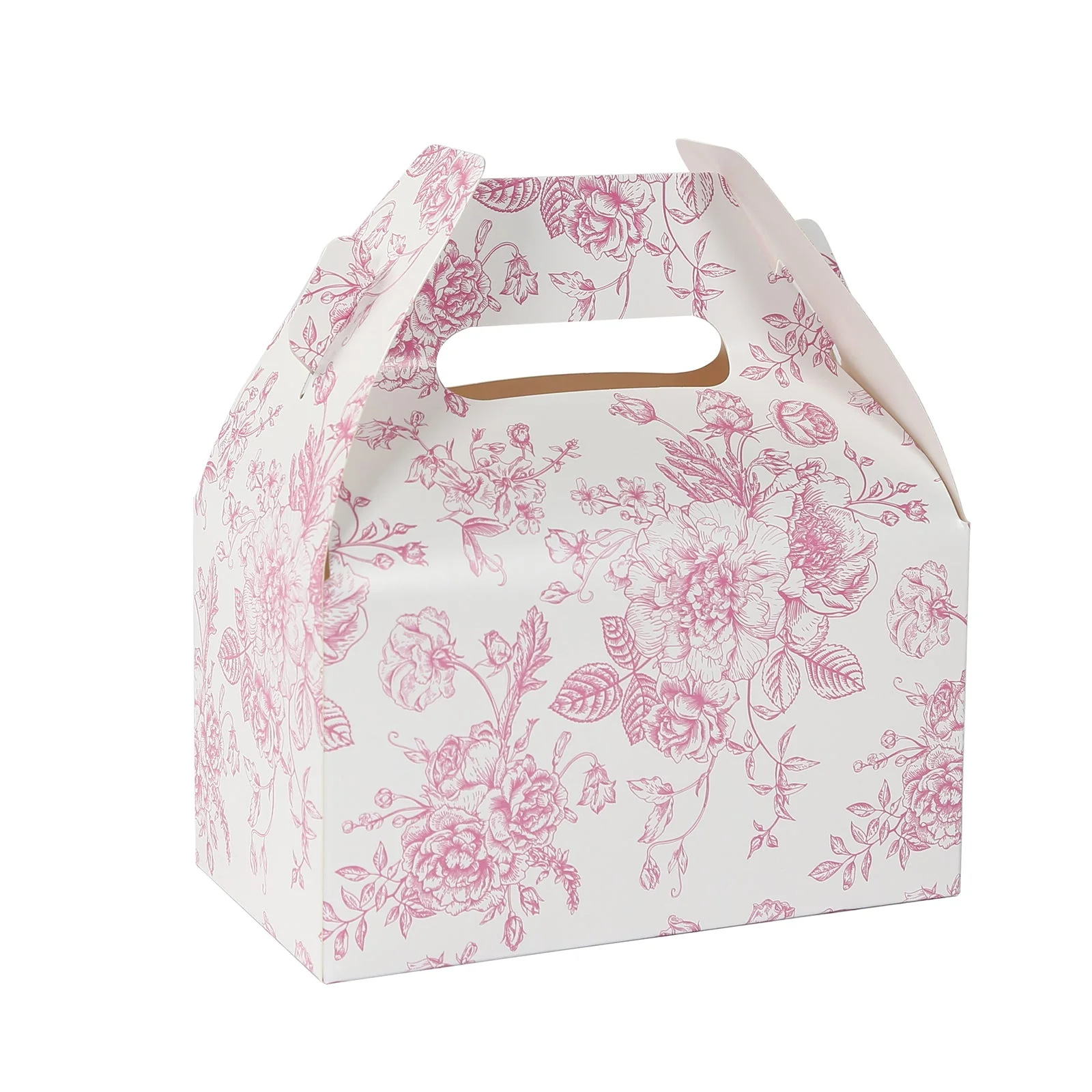 25 Pack Party Favor Gable Boxes in French Toile Pattern - Matte Pink and White Candy Treat Tote Boxes, Cardstock Paper - 6"x3.5"x7" - Image 5