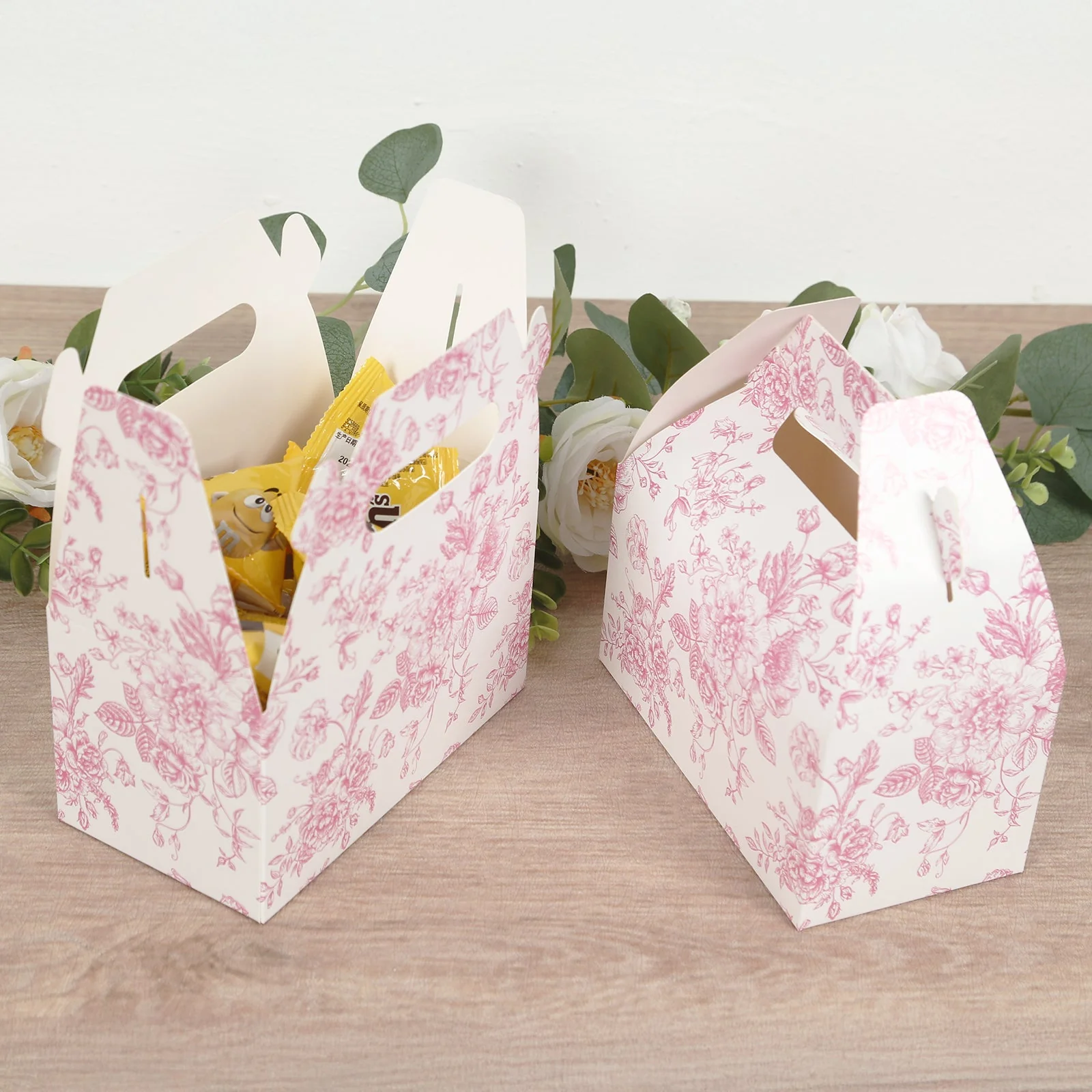 25 Pack Party Favor Gable Boxes in French Toile Pattern - Matte Pink and White Candy Treat Tote Boxes, Cardstock Paper - 6"x3.5"x7" - Image 6