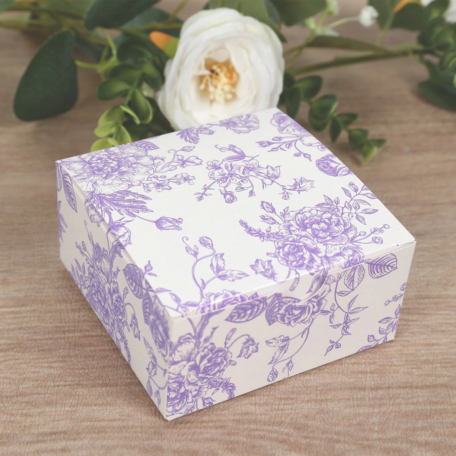 25 Pack Party Favor Gift Boxes in French Toile Pattern, Matte Lavender and White Candy Boxes - Cardstock Paper - 4"x4"x2"