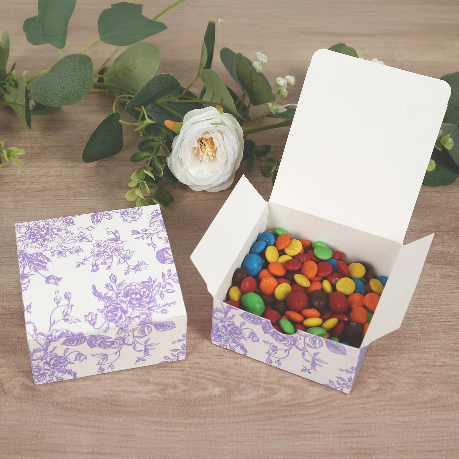 25 Pack Party Favor Gift Boxes in French Toile Pattern, Matte Lavender and White Candy Boxes - Cardstock Paper - 4"x4"x2" - Image 2