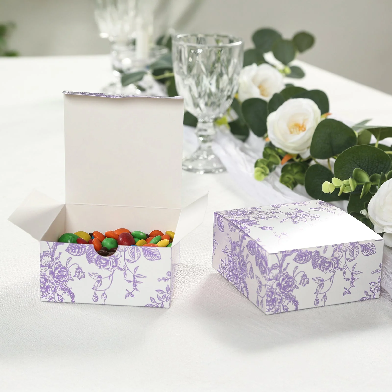 25 Pack Party Favor Gift Boxes in French Toile Pattern, Matte Lavender and White Candy Boxes - Cardstock Paper - 4"x4"x2" - Image 6