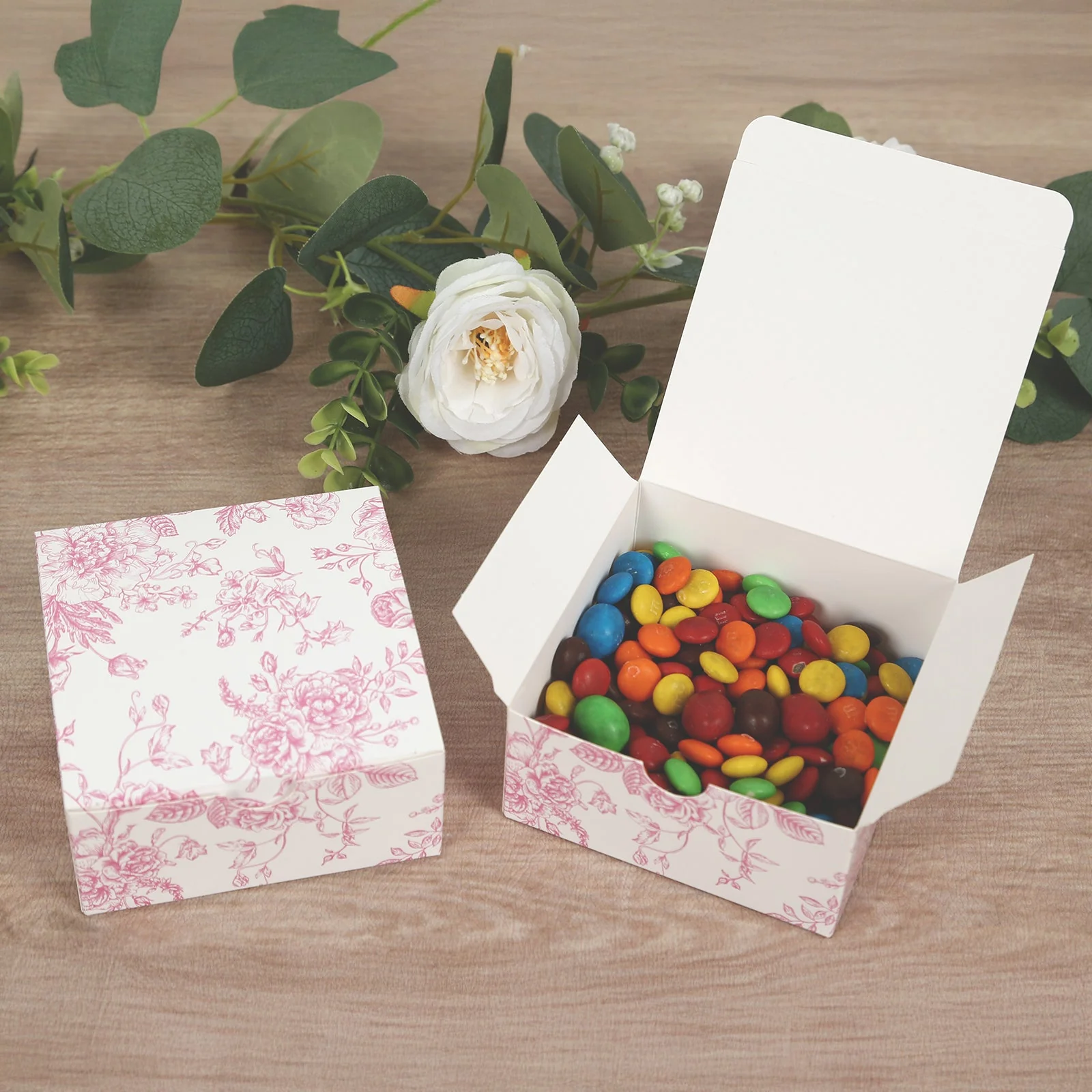 25 Pack Party Favor Gift Boxes in French Toile Pattern, Matte Pink and White Candy Boxes - Cardstock Paper - 4"x4"x2" - Image 2