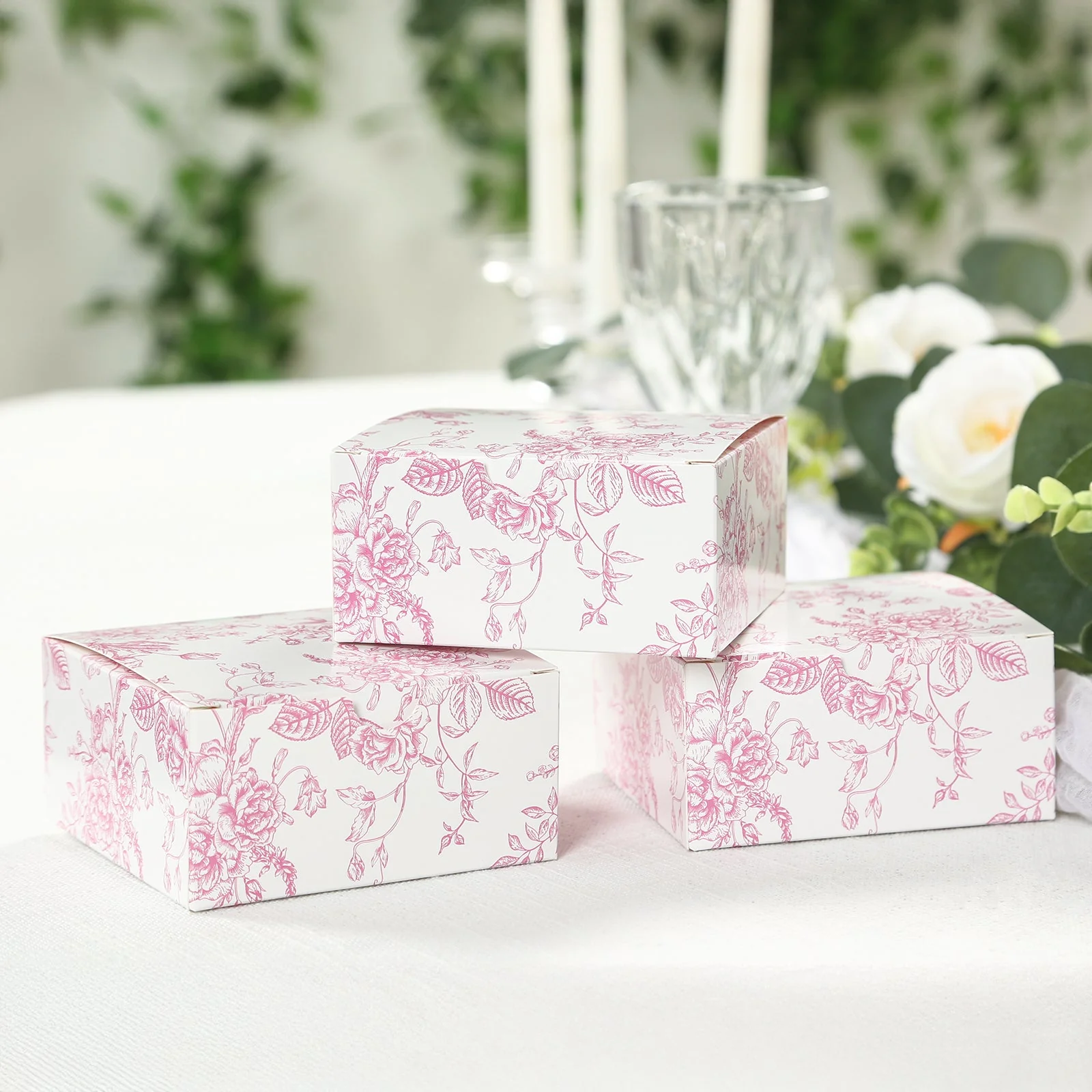 25 Pack Party Favor Gift Boxes in French Toile Pattern, Matte Pink and White Candy Boxes - Cardstock Paper - 4"x4"x2" - Image 4