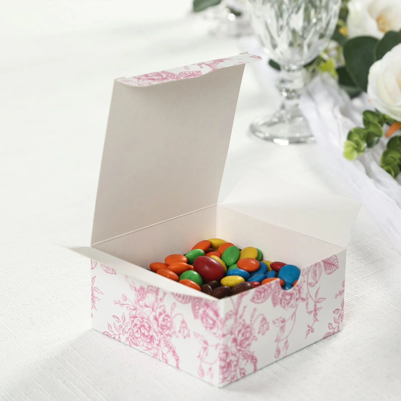 25 Pack Party Favor Gift Boxes in French Toile Pattern, Matte Pink and White Candy Boxes - Cardstock Paper - 4"x4"x2" - Image 5