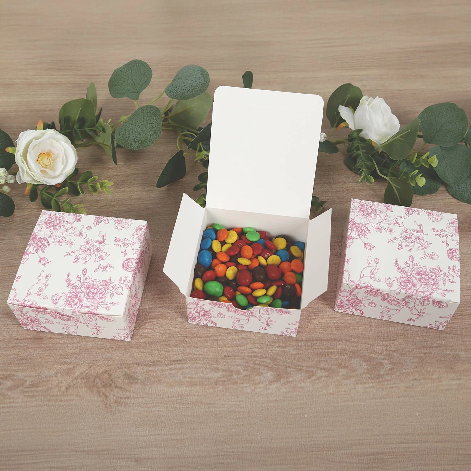 25 Pack Party Favor Gift Boxes in French Toile Pattern, Matte Pink and White Candy Boxes - Cardstock Paper - 4"x4"x2" - Image 6