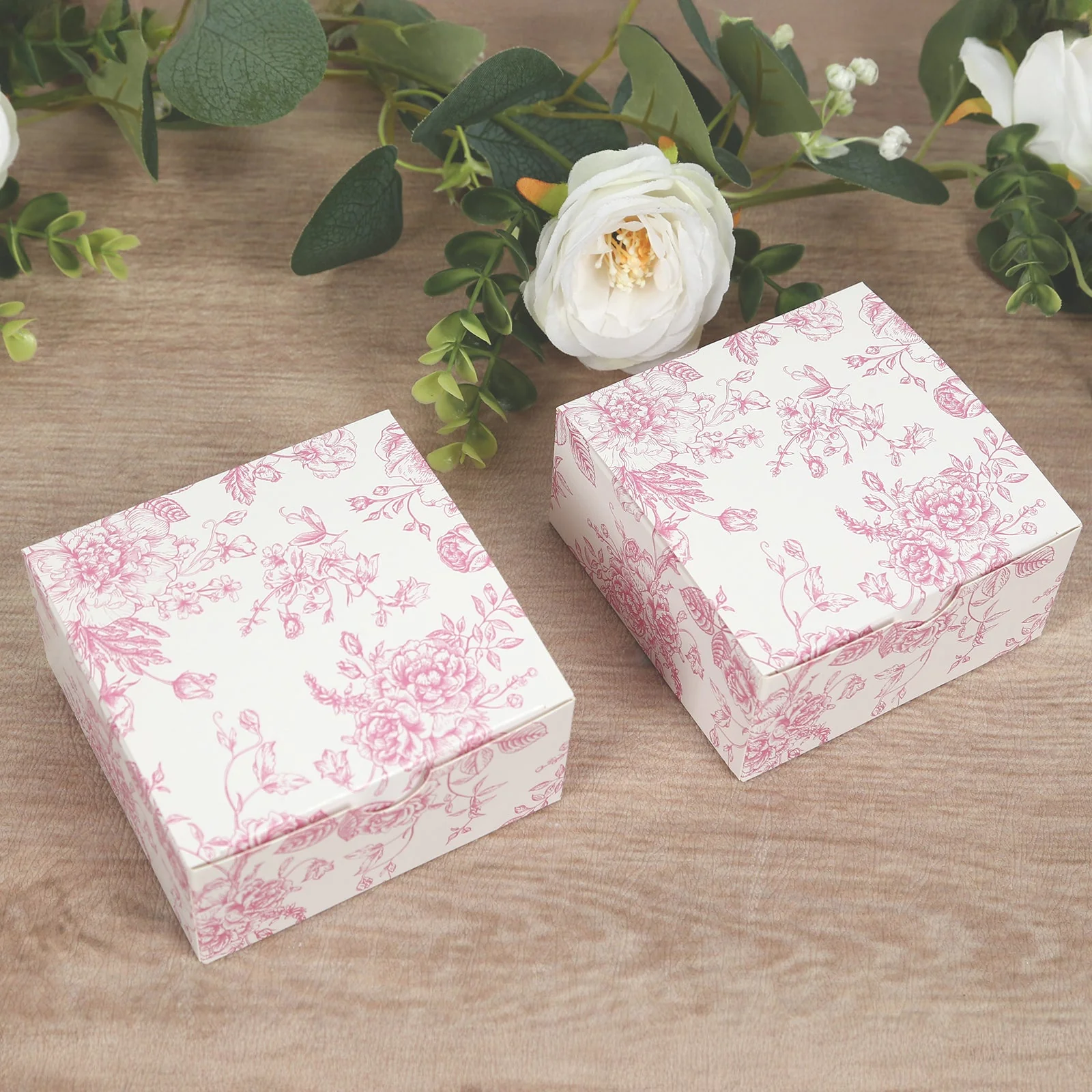 25 Pack Party Favor Gift Boxes in French Toile Pattern, Matte Pink and White Candy Boxes - Cardstock Paper - 4"x4"x2" - Image 8