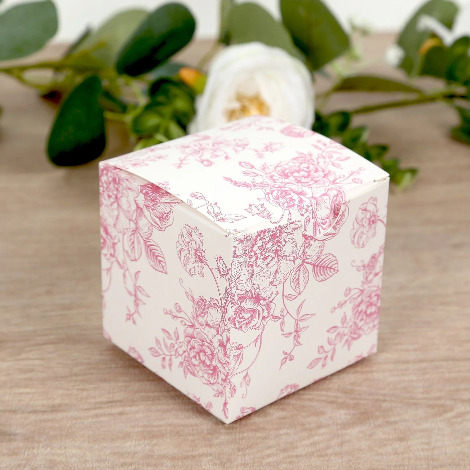 25 Pack Party Favor Gift Boxes in French Toile Pattern - Matte Pink and White Candy Treat Boxes, Cardstock Paper - 3"x3"