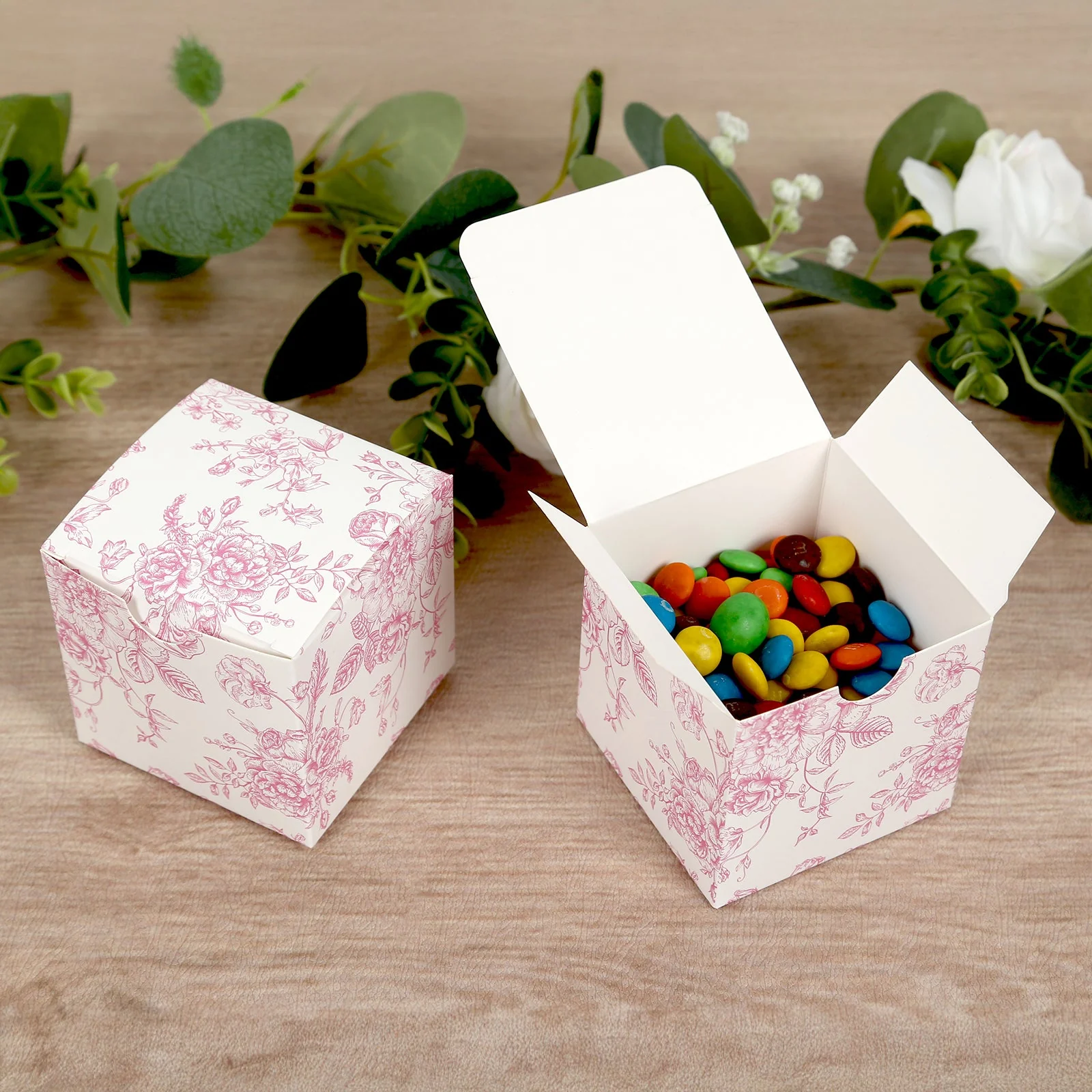 25 Pack Party Favor Gift Boxes in French Toile Pattern - Matte Pink and White Candy Treat Boxes, Cardstock Paper - 3"x3" - Image 2
