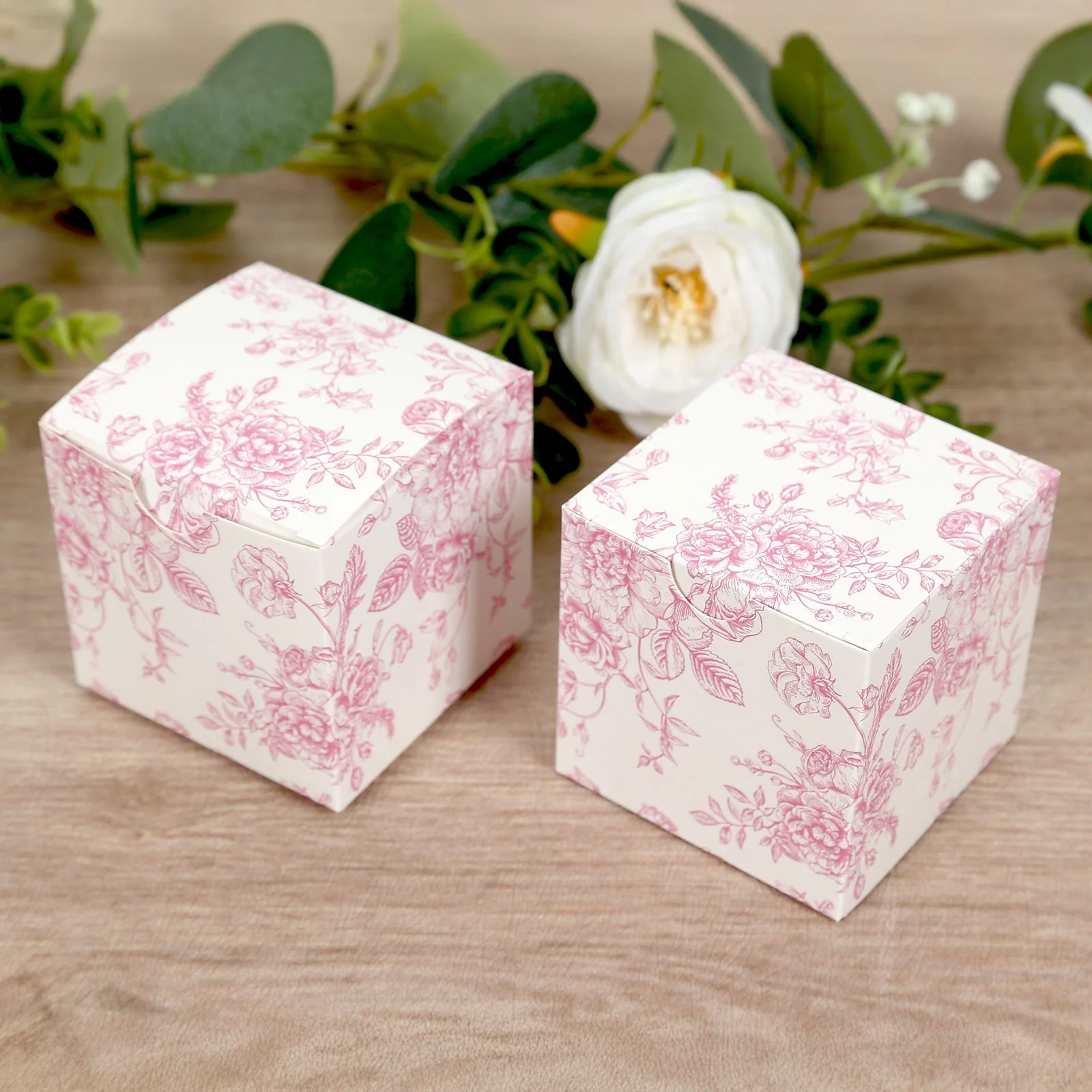 25 Pack Party Favor Gift Boxes in French Toile Pattern - Matte Pink and White Candy Treat Boxes, Cardstock Paper - 3"x3" - Image 4