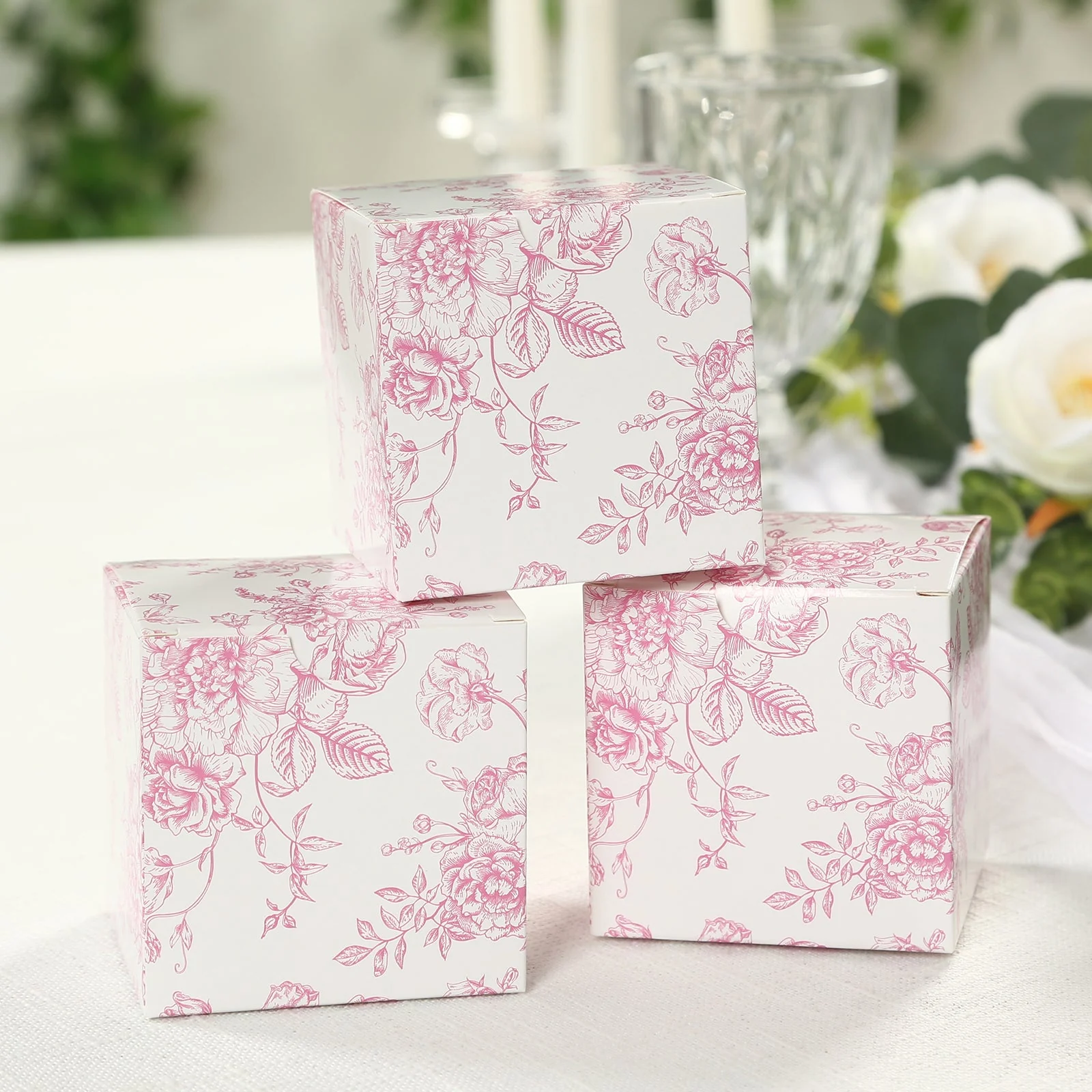 25 Pack Party Favor Gift Boxes in French Toile Pattern - Matte Pink and White Candy Treat Boxes, Cardstock Paper - 3"x3" - Image 5
