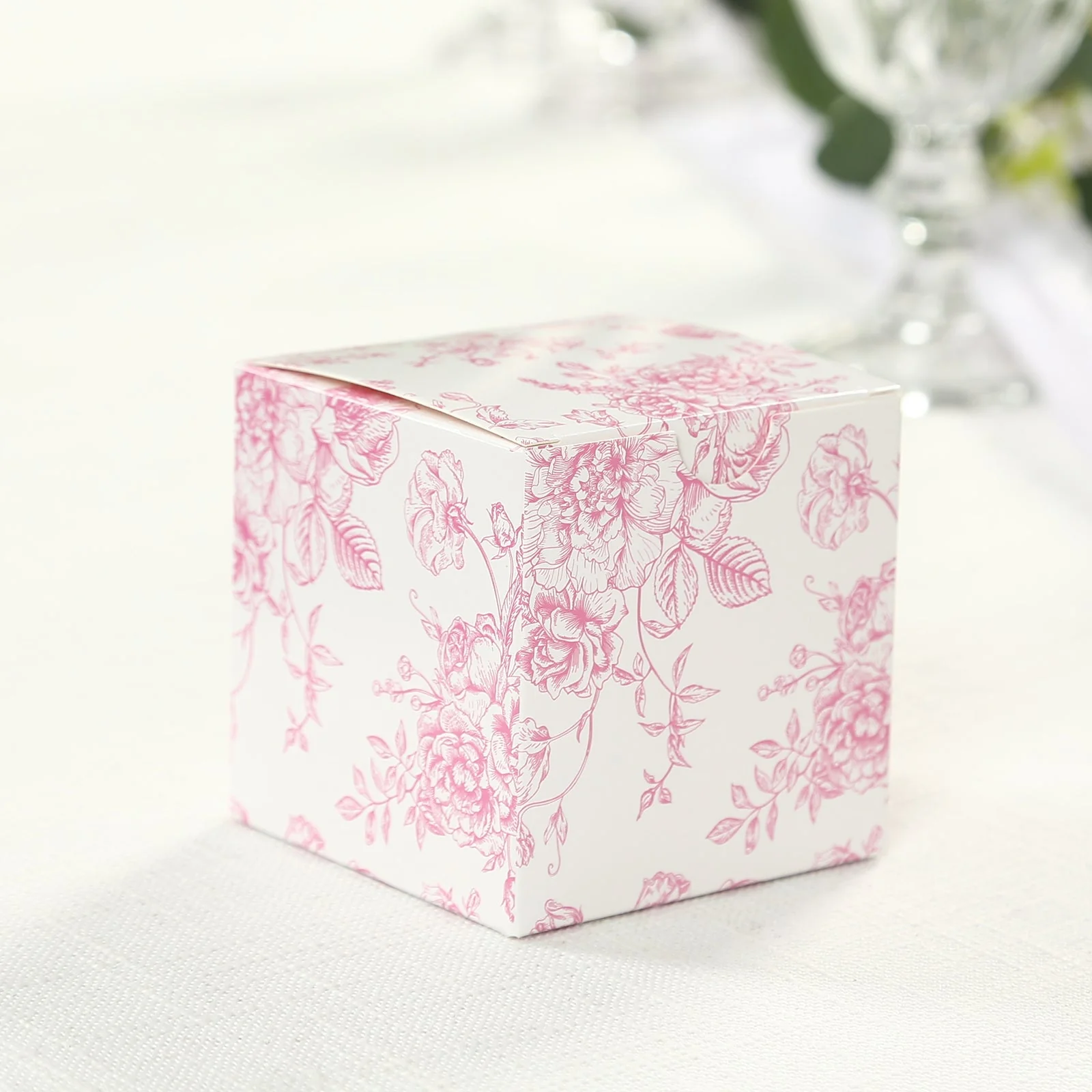 25 Pack Party Favor Gift Boxes in French Toile Pattern - Matte Pink and White Candy Treat Boxes, Cardstock Paper - 3"x3" - Image 6