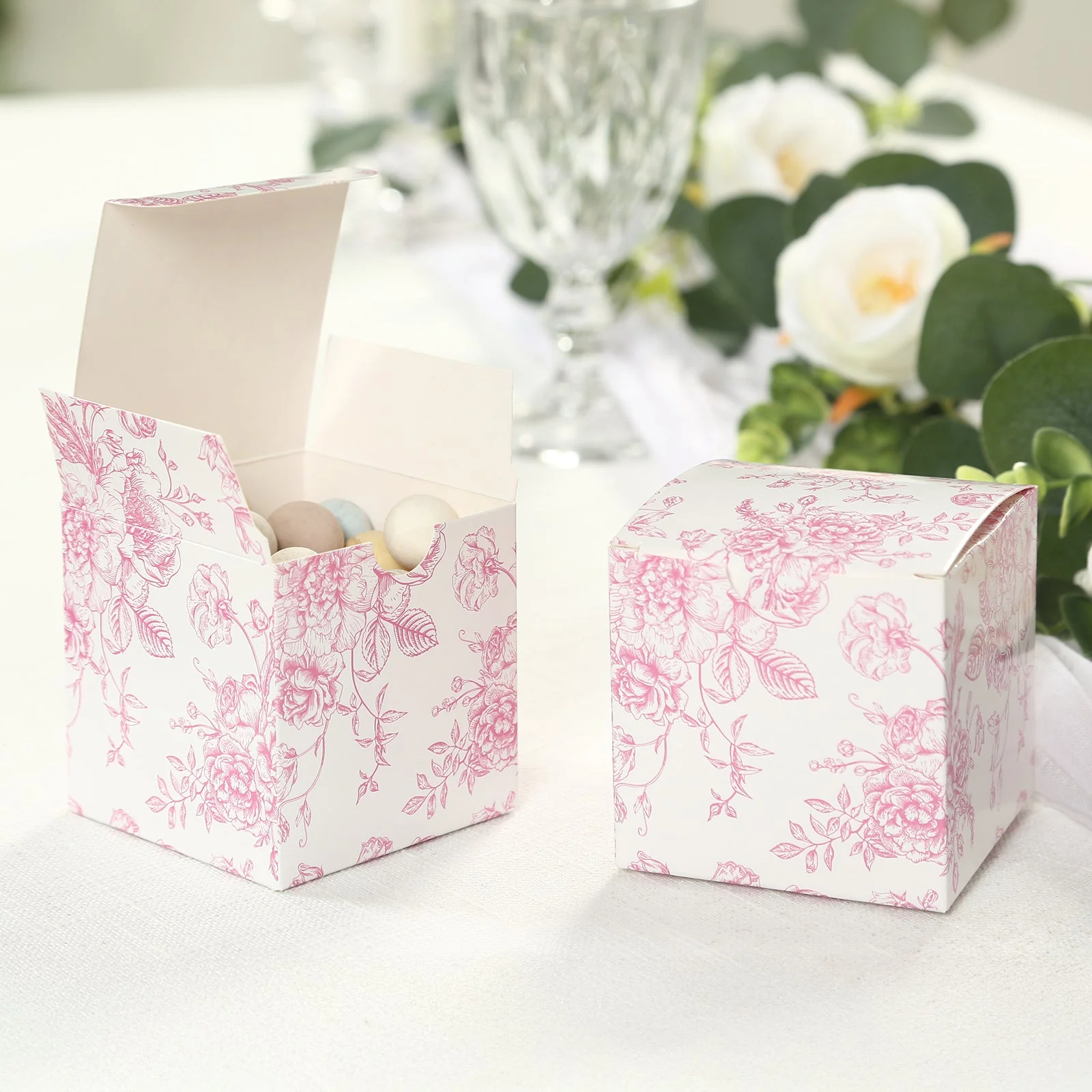 25 Pack Party Favor Gift Boxes in French Toile Pattern - Matte Pink and White Candy Treat Boxes, Cardstock Paper - 3"x3" - Image 8