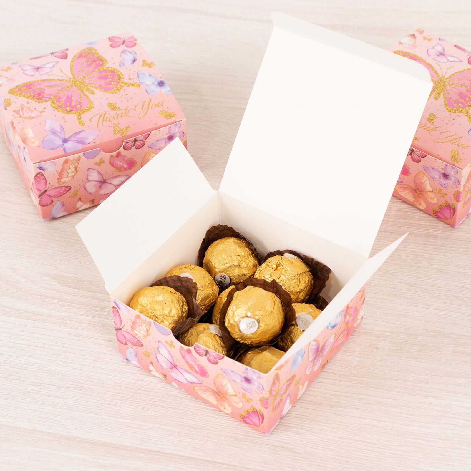 25 Pack Pink Butterfly Themed Party Favor Boxes with "Thank You" Print, Cardstock Paper Candy Gift Boxes - 4"x4"x2" - Image 2