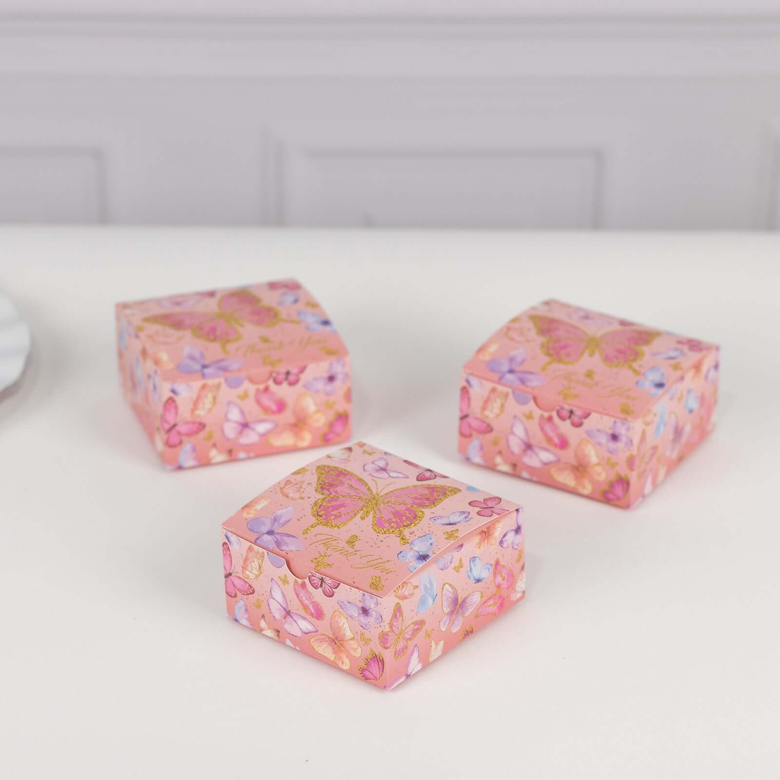 25 Pack Pink Butterfly Themed Party Favor Boxes with "Thank You" Print, Cardstock Paper Candy Gift Boxes - 4"x4"x2" - Image 4