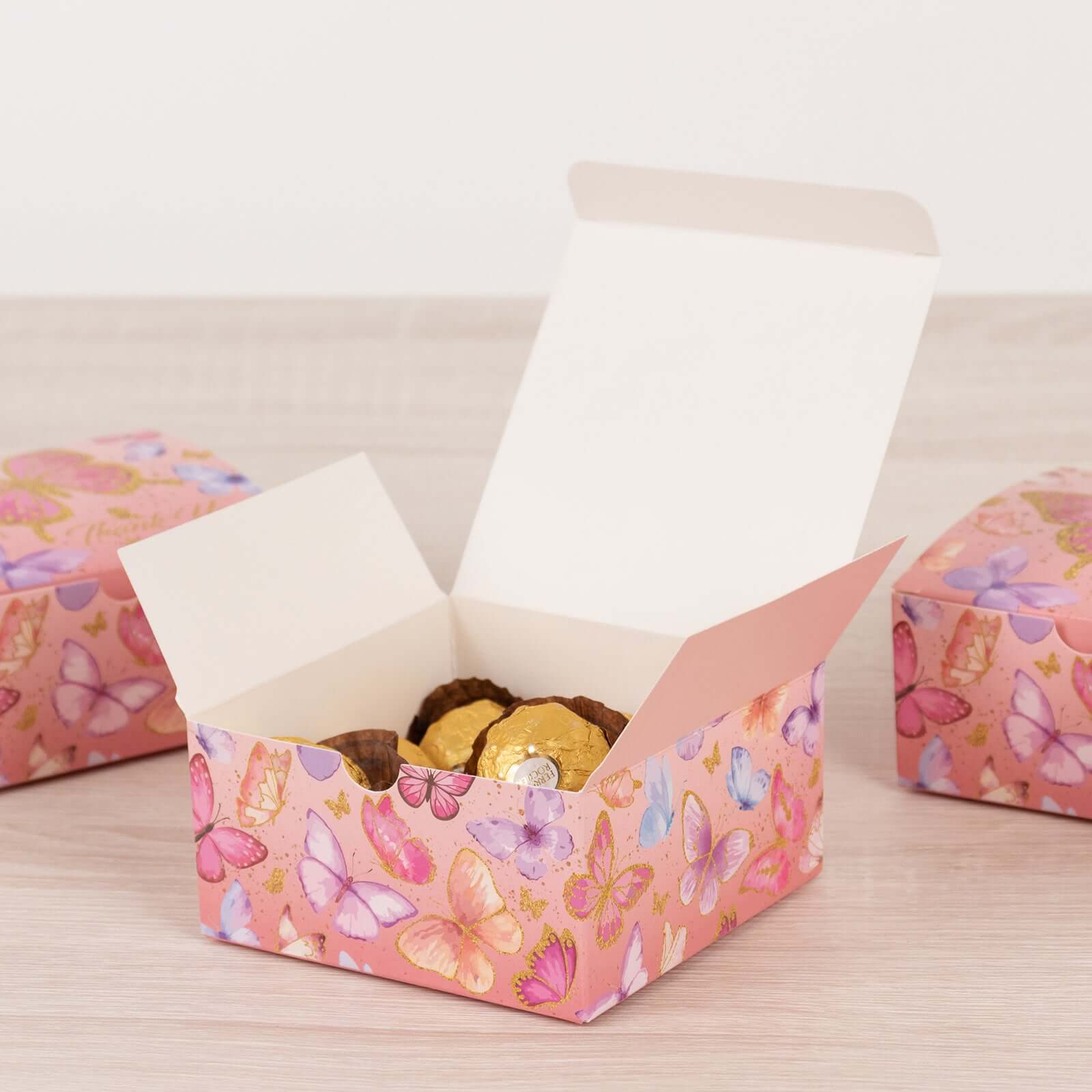 25 Pack Pink Butterfly Themed Party Favor Boxes with "Thank You" Print, Cardstock Paper Candy Gift Boxes - 4"x4"x2" - Image 6