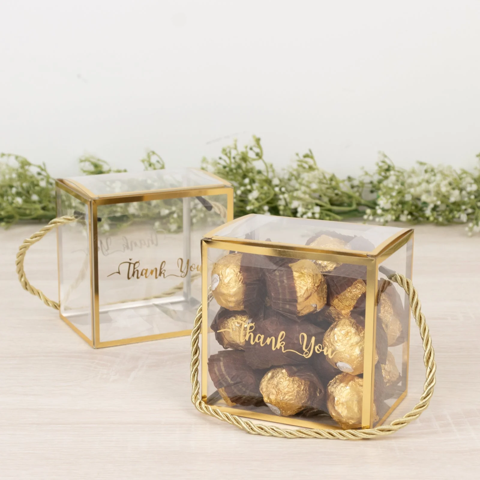 25 Pack Plastic Clear Cube Gift Boxes with Gold Trim - Transparent Favor Boxes, Rope Handle, Pre-Printed Thank You Message - 4"x4" - Image 3