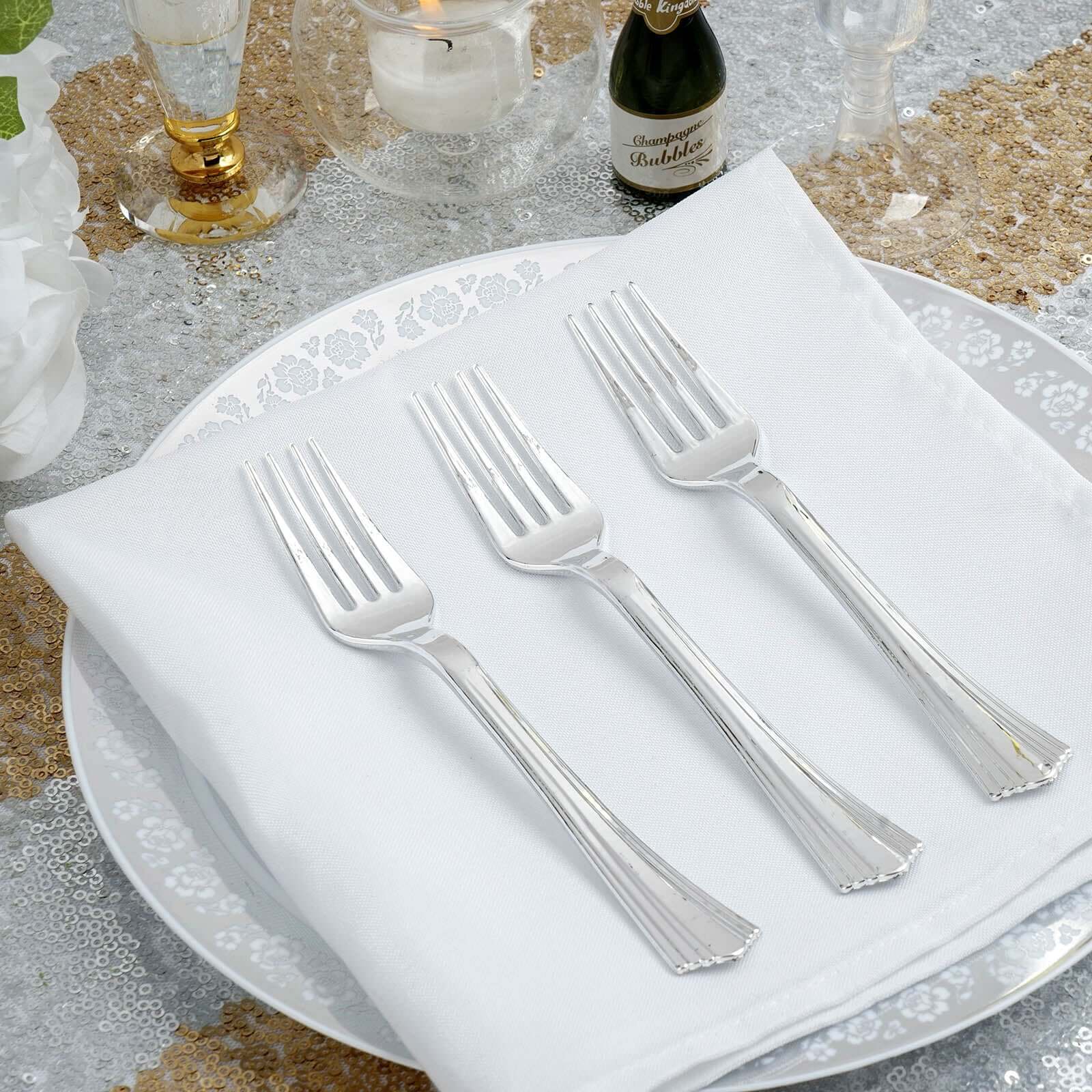 25-Pack Plastic Forks 7" Silver Heavy Duty with Fluted Handles - Disposable Utensils - Image 8