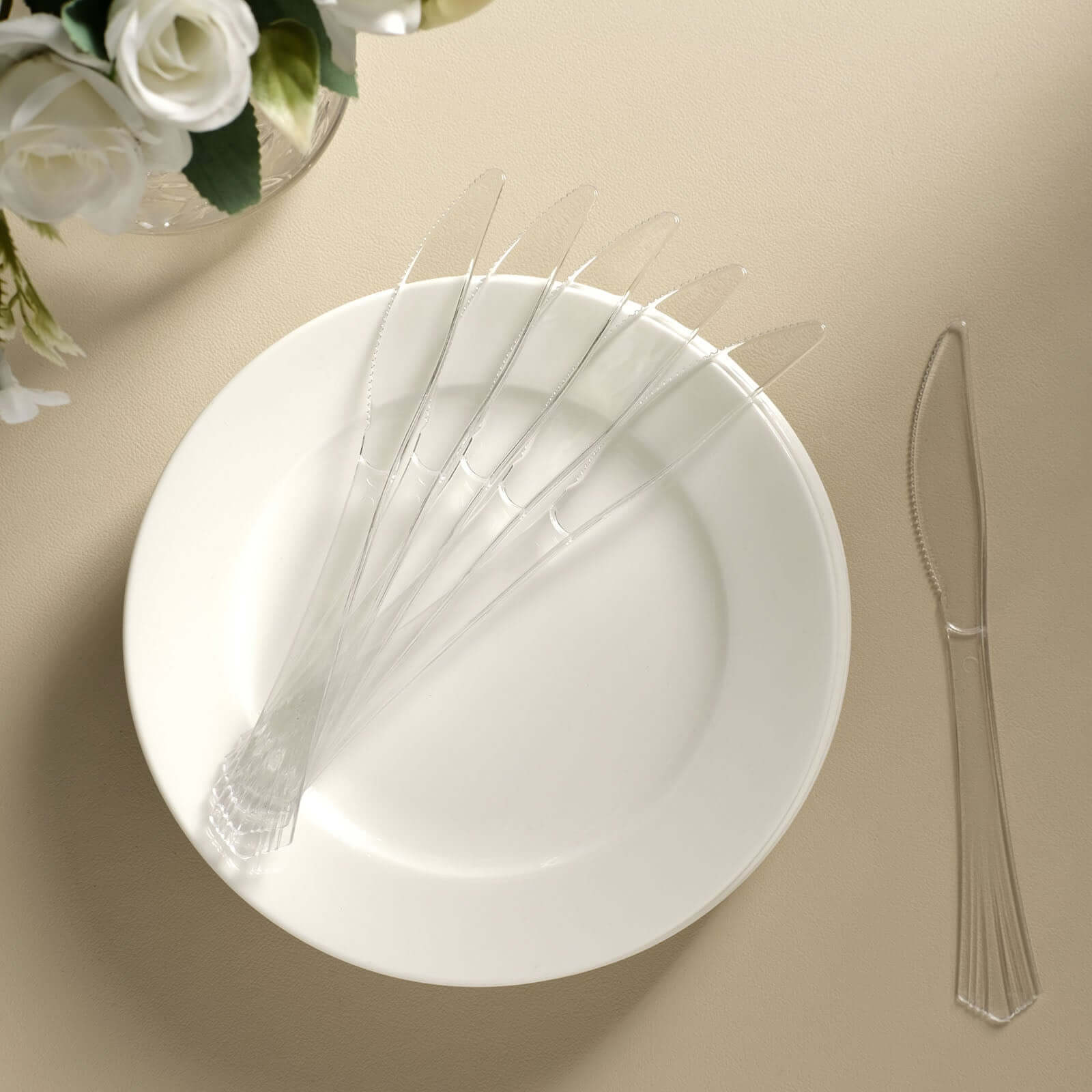 25-Pack Plastic Knives 7" Clear Heavy Duty with Fluted Handles - Disposable Utensils - Image 6