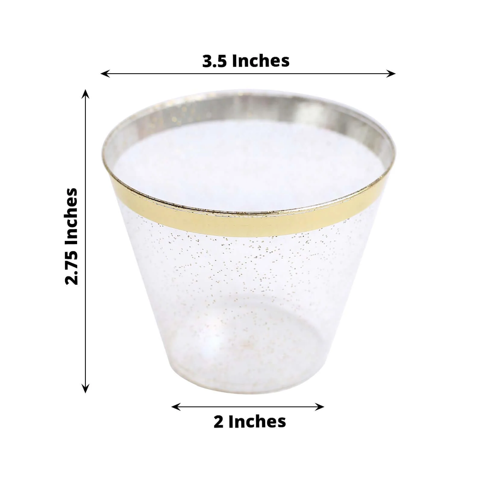 25-Pack Plastic Party Cups 9oz Clear/Gold Glittered Crystal with Gold Rim - Short Disposable Drink Tumblers - Image 3