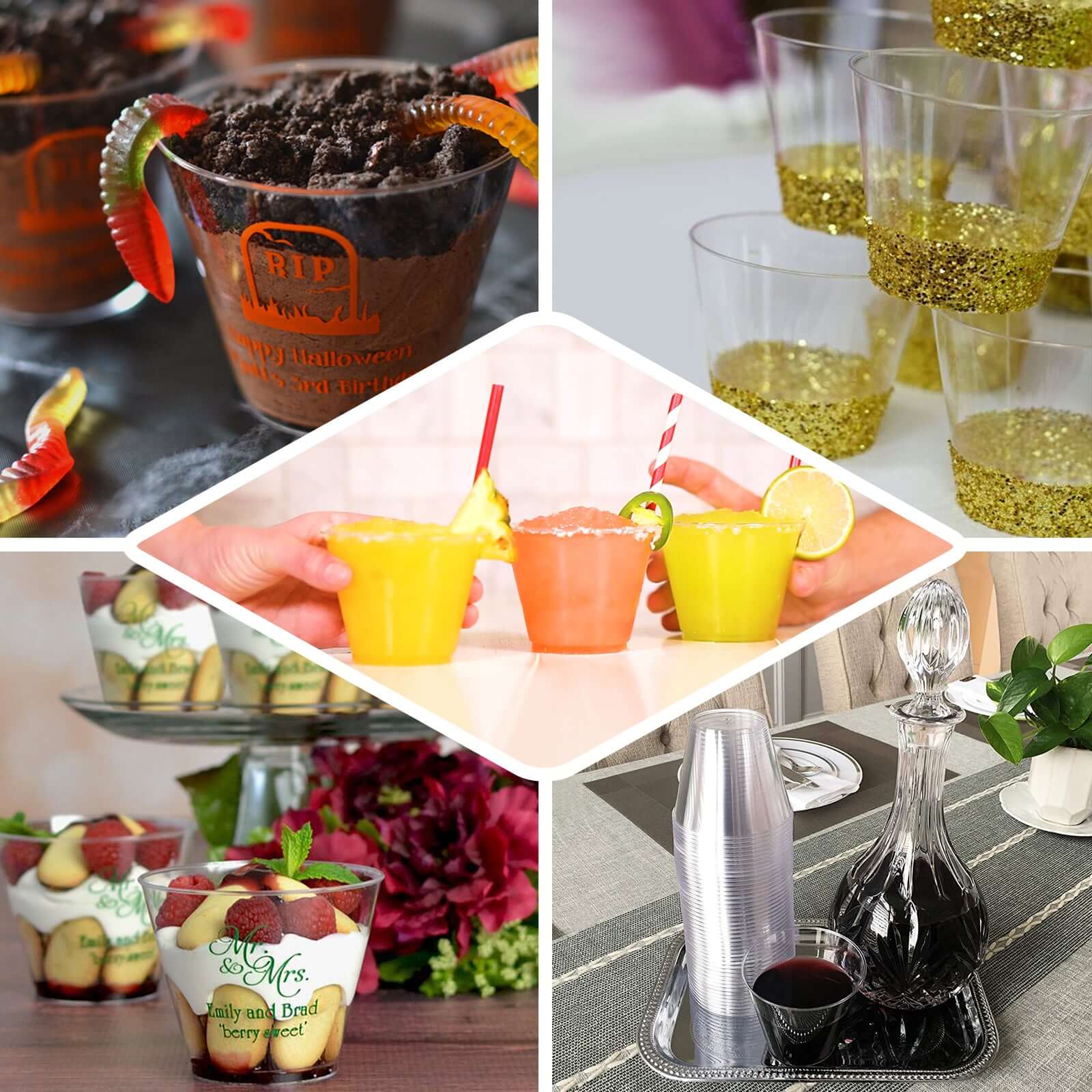 25-Pack Plastic Party Cups 9oz Clear/Gold Glittered Crystal with Gold Rim - Short Disposable Drink Tumblers - Image 5