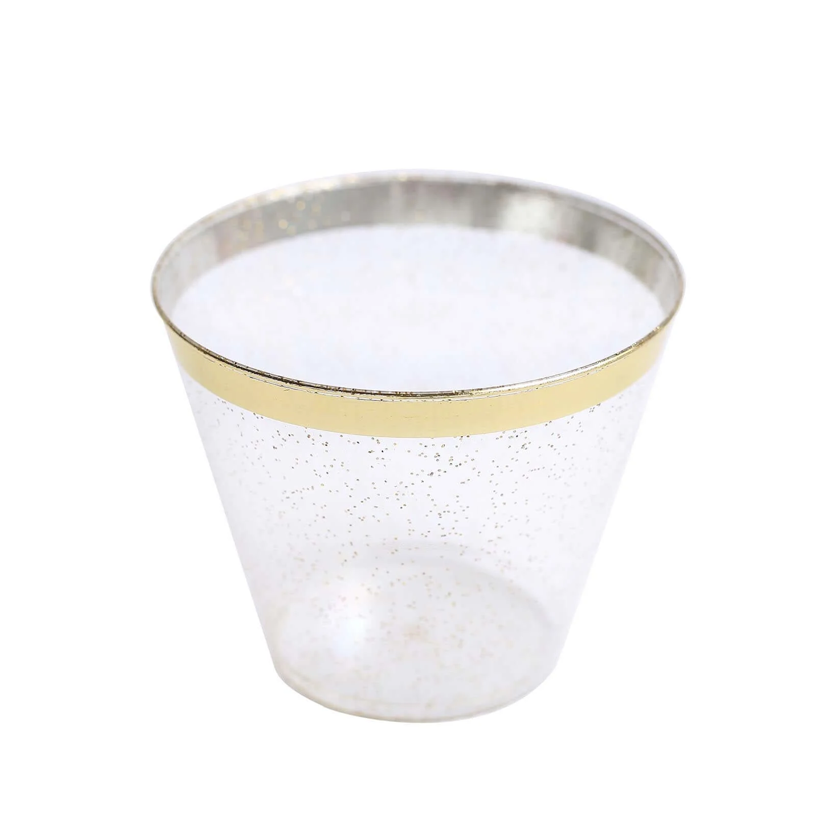 25-Pack Plastic Party Cups 9oz Clear/Gold Glittered Crystal with Gold Rim - Short Disposable Drink Tumblers - Image 6