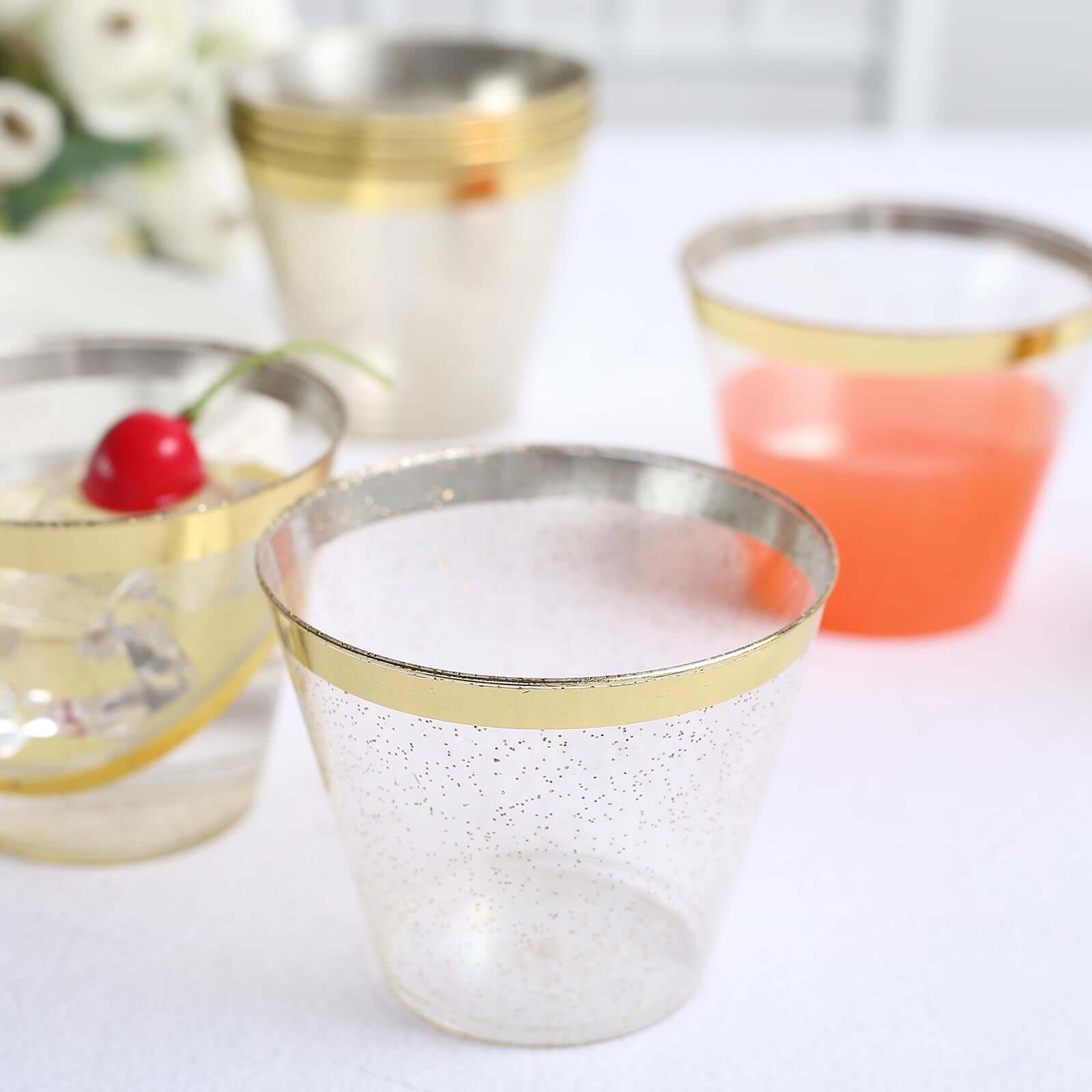 25-Pack Plastic Party Cups 9oz Clear/Gold Glittered Crystal with Gold Rim - Short Disposable Drink Tumblers - Image 7