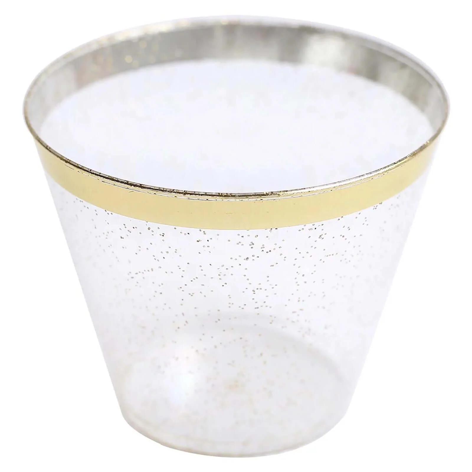25-Pack Plastic Party Cups 9oz Clear/Gold Glittered Crystal with Gold Rim - Short Disposable Drink Tumblers - Image 8